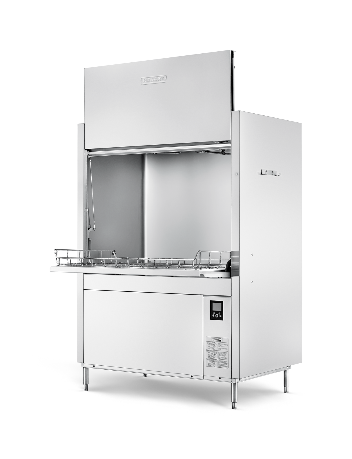 A large, industrial front loading stainless steel dishwasher with a pull-down panel, side handles, control panel, and wire rack inside. The pot pan washer stands on four legs and features a reflective metallic finish against a plain white background.