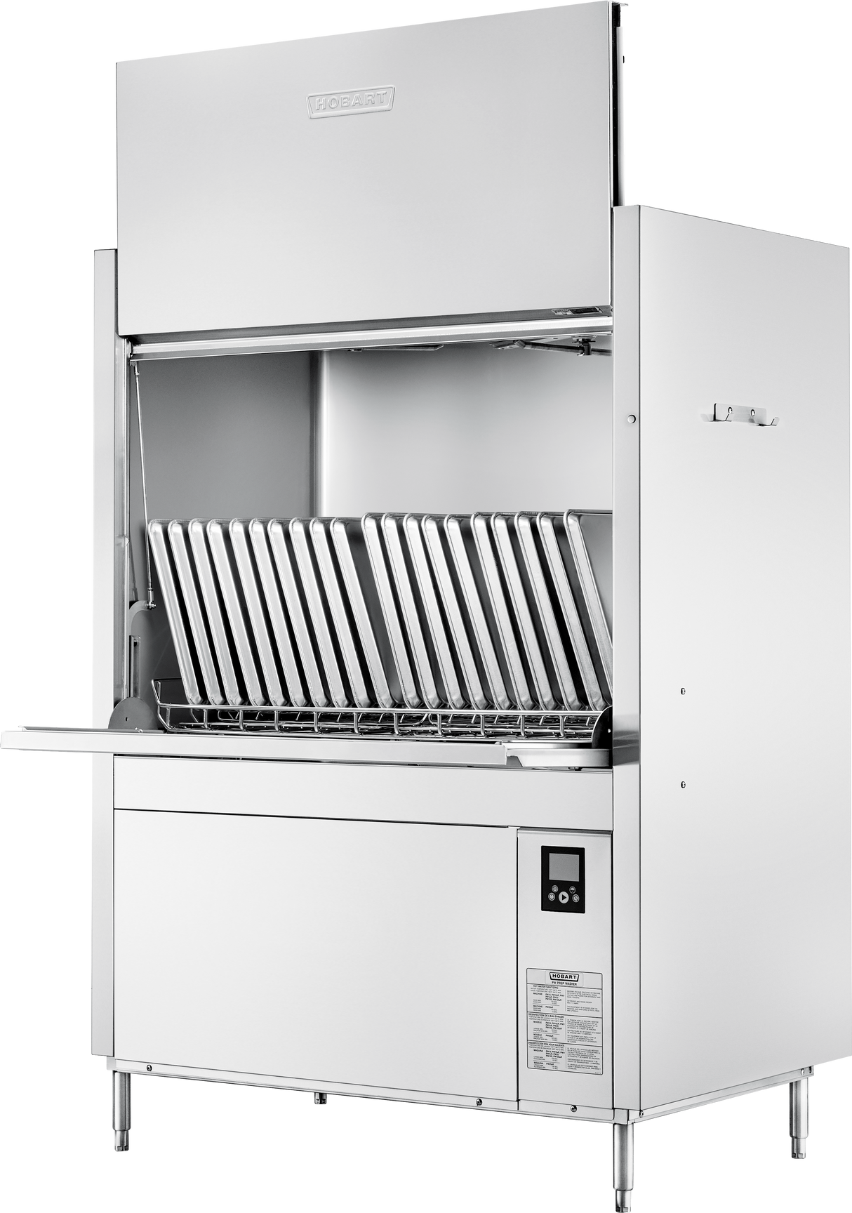 A large, industrial stainless steel front loading dishwashing machine with an open front reveals racks lined with vertical trays. This Hobart pot pan washer has a control panel and instructional label on the bottom right, and stands on four legs.