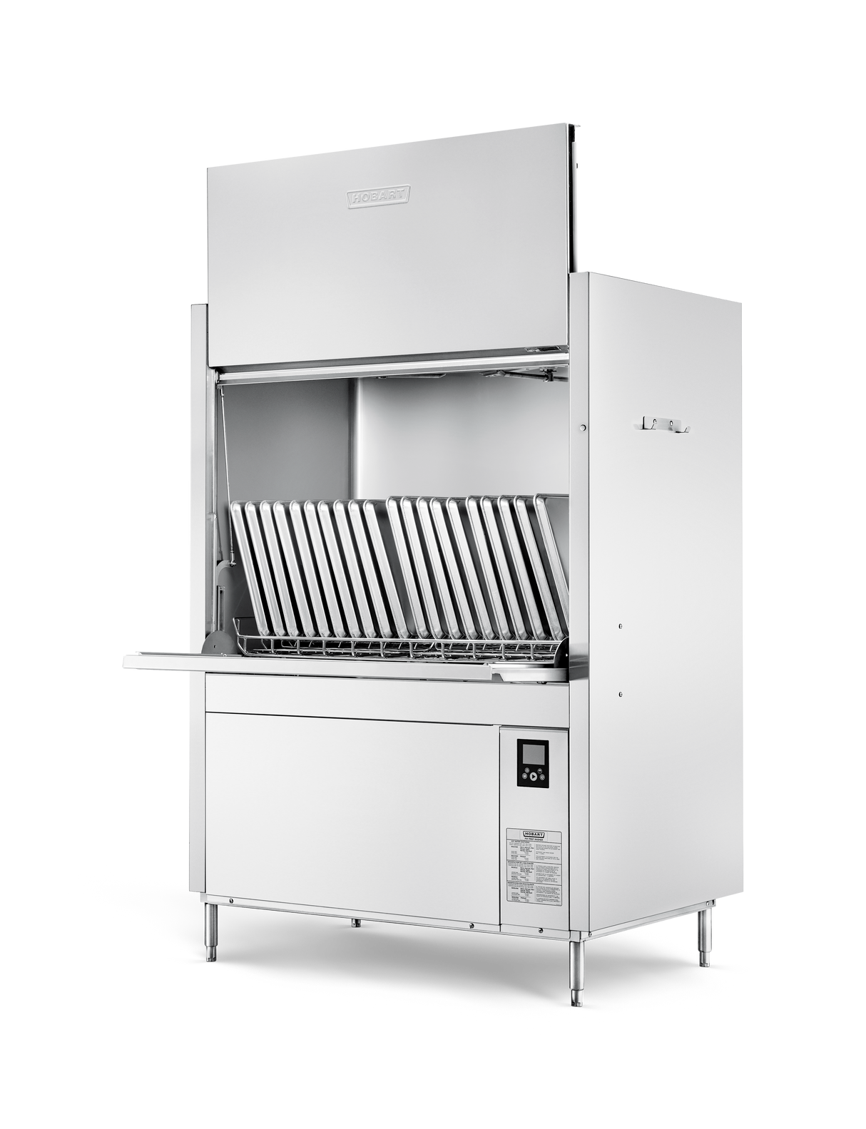 A large front loading commercial pot pan washer made of stainless steel, with a partly lifted door revealing racks holding metal trays vertically. The control panel sits on the lower right, and it features high temperature sanitizing.