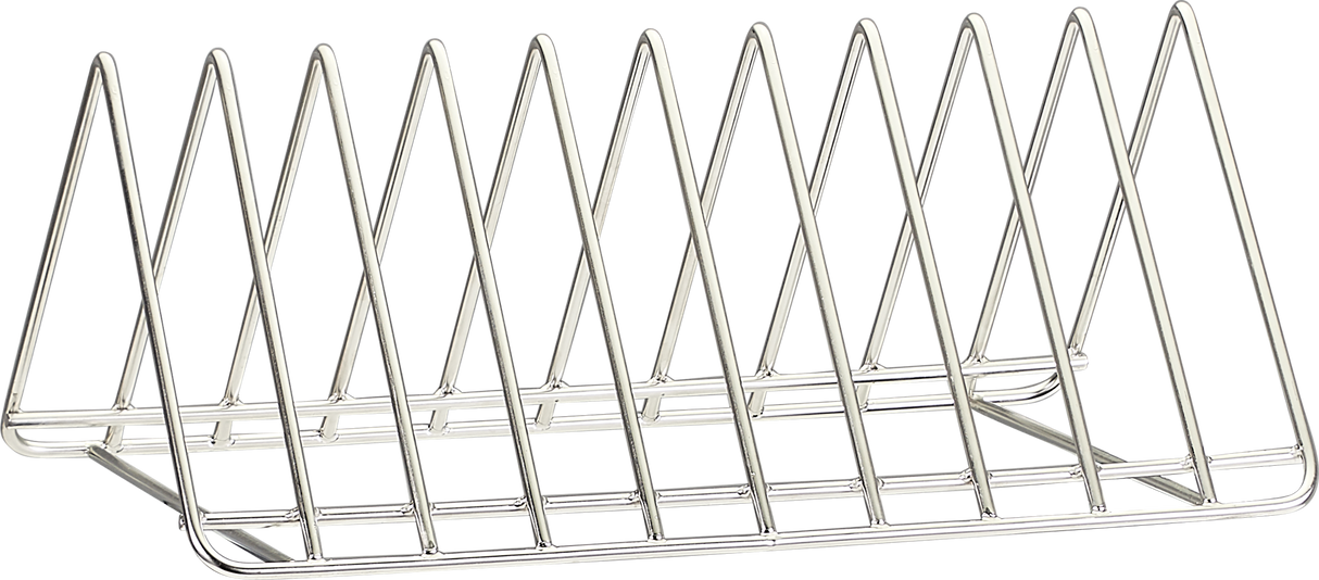 A metal wire rack with a rectangular base and several evenly spaced, triangular dividers is perfect for organizing items upright in a pot/pan/utensil washer. Its silver, open, minimalist structure is ideal for efficient washing and high temperature sanitizing.
