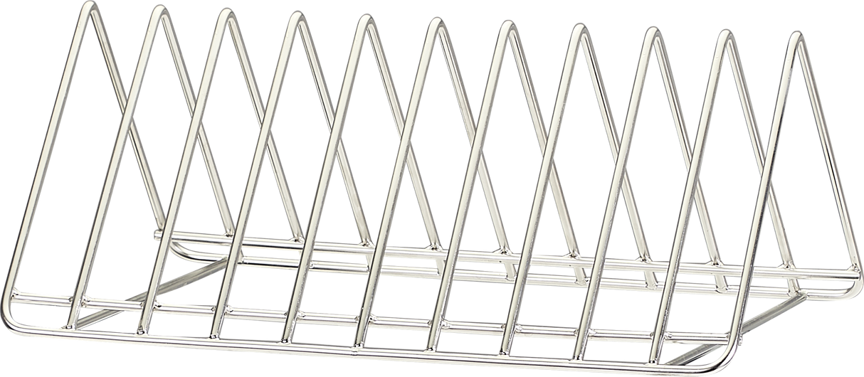 A metal wire rack with triangular dividers forms several narrow slots for holding items upright. Ideal for front loading pot/pan/utensil washers, it has a rectangular base and is typically used for organizing plates, lids, or files. The background is plain white.