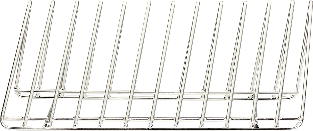 A silver metal rack with evenly spaced vertical bars, angled upward to hold items separated. Ideal for use in a Hobart Advansys commercial utensil washer, the rack sits on a flat base and is photographed against a white background.