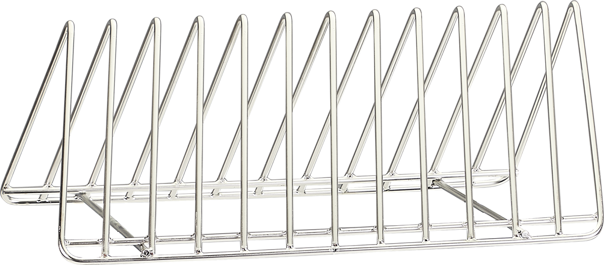 A silver metal rack with parallel, triangular slots fits perfectly in a Hobart Advansys commercial utensil washer. The open framework on its rectangular base allows visibility and airflow around stored objects, such as plates, lids, or files.