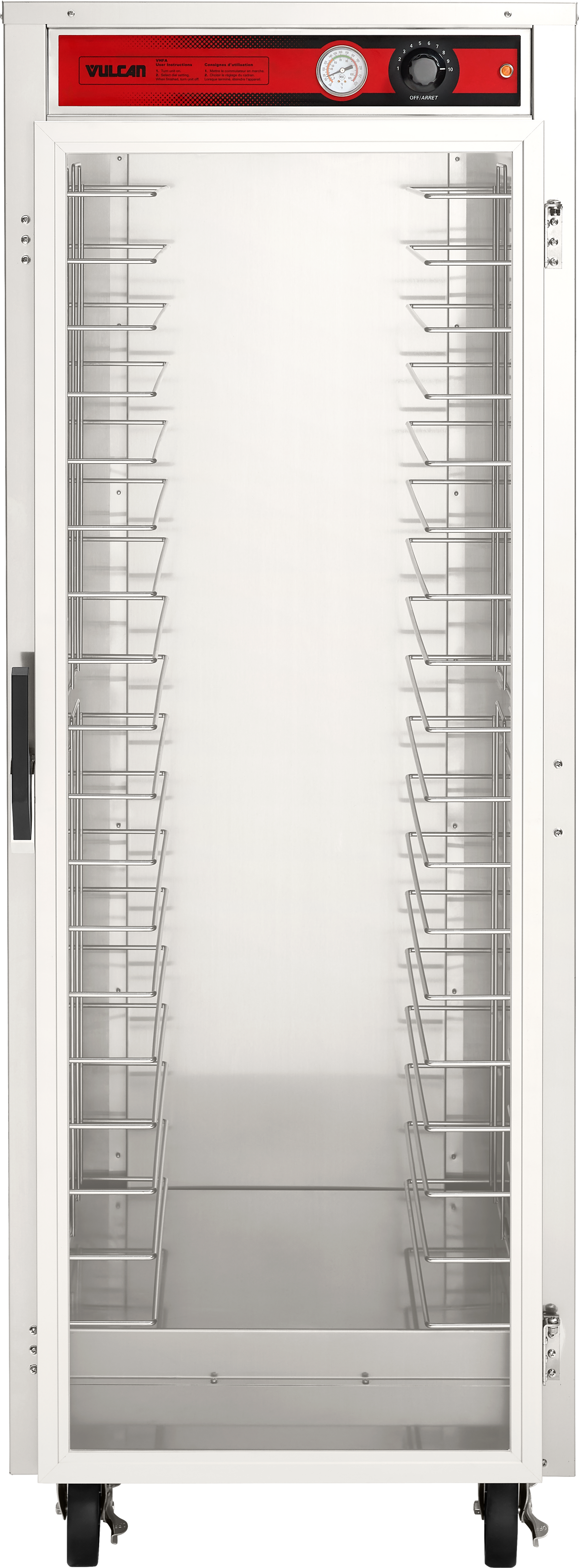 A tall, stainless steel Heated cart with a clear glass door, multiple wire shelves for sheet pan capacity, a black handle, caster wheels for mobility, and a red control panel with a temperature gauge and dial at the top front.
