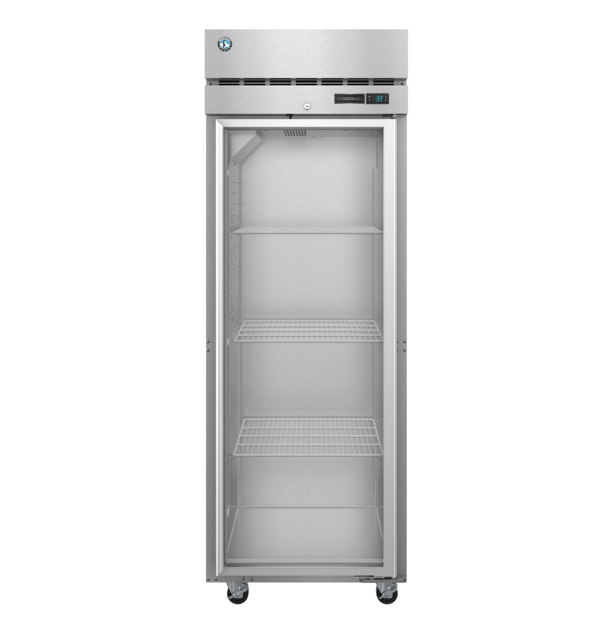 A tall Hoshizaki Steelheart Series reach-in refrigerator stands on four wheels. The single glass door is open, revealing three adjustable wire shelves inside. The control panel and vent are at the top, with a digital display showing the temperature.