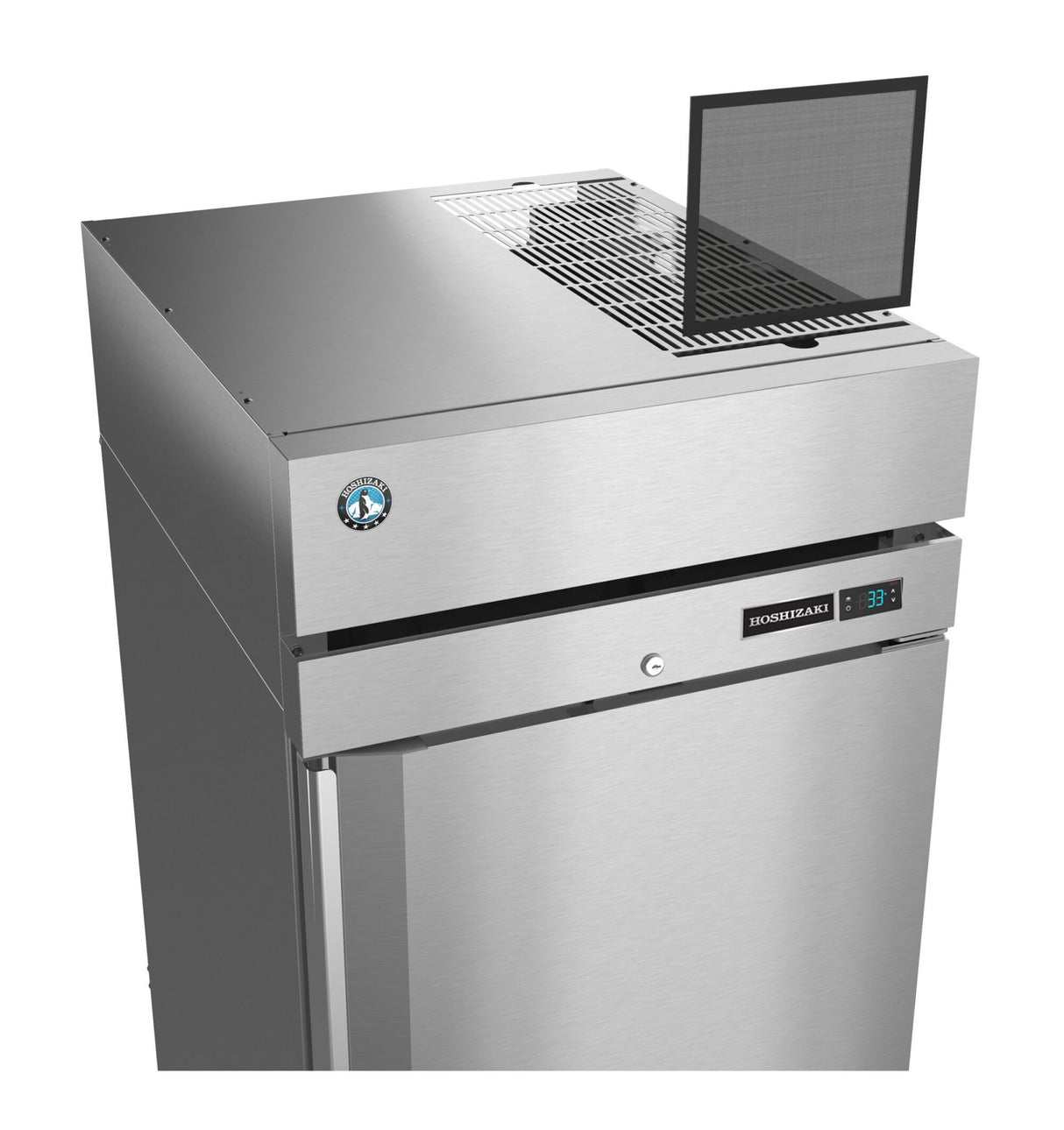 A Hoshizaki Steelheart Series reach-in refrigerator with a digital temperature display at 3.3°C. The open vent on top reveals an internal filter, and a blue sticker marks the upper door. “Hoshizaki” branding sits proudly above the display.