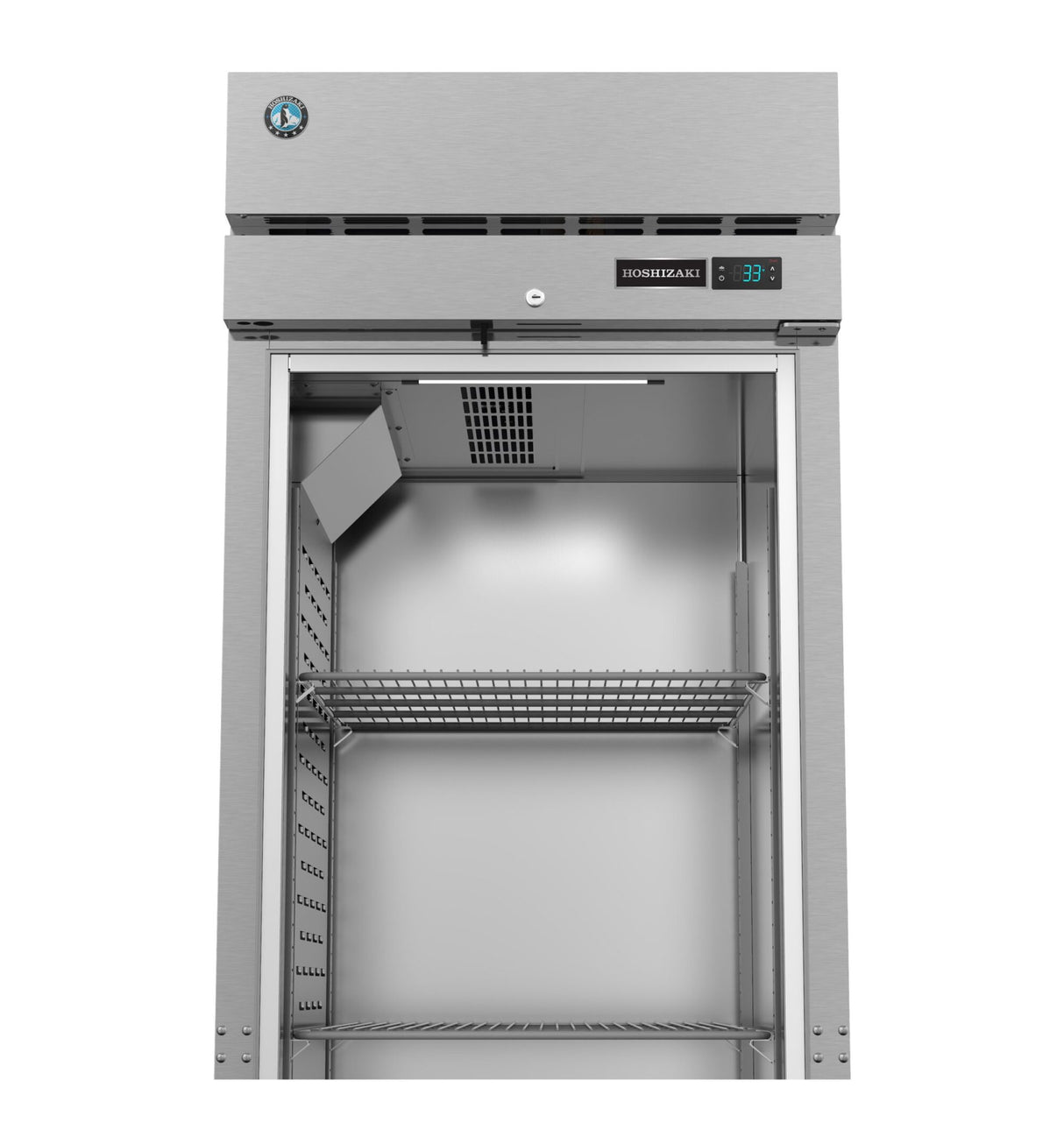 A Hoshizaki Steelheart Series Refrigerator with an open door, two wire shelves, and a digital display reading 3.3°C. This modern reach-in refrigerator features a sleek stainless steel design and an empty, industrial-style interior.
