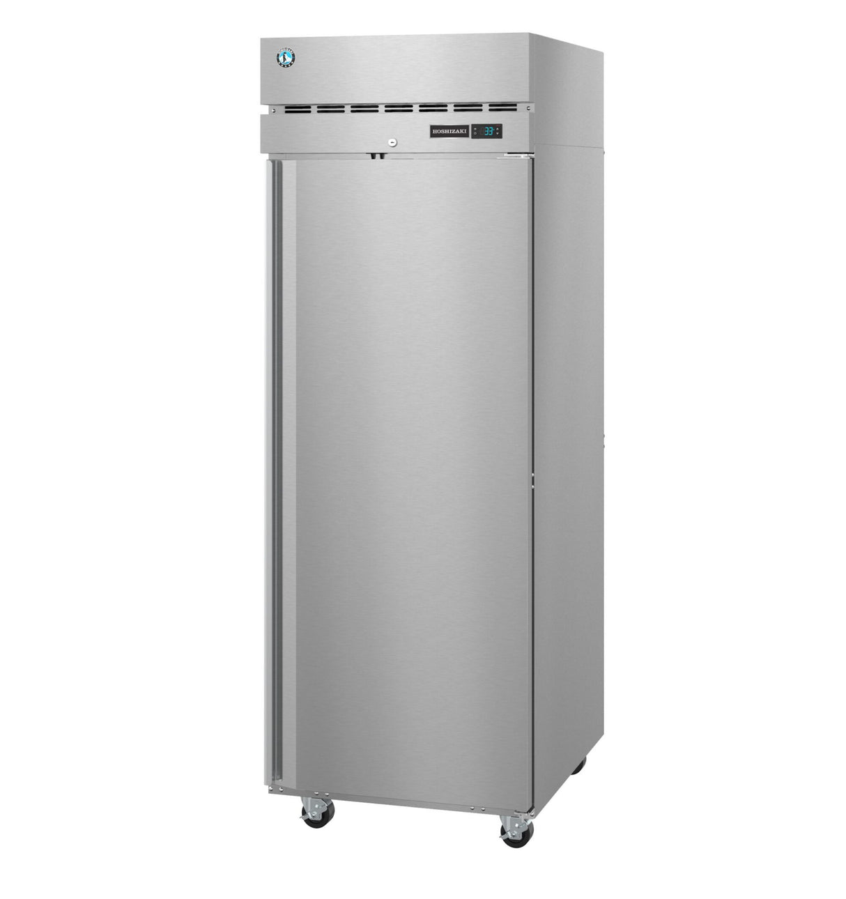 A tall, stainless steel Hoshizaki Steelheart Series reach-in refrigerator with a solid door, digital display, vented top panel, and four wheels for mobility. Its sleek, industrial design is perfect for restaurant or professional kitchen use.