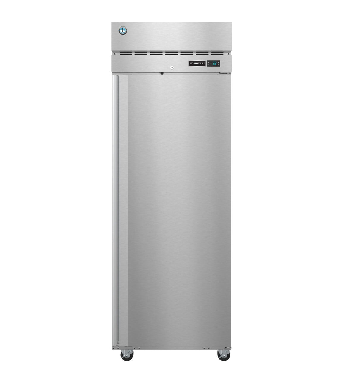 A tall, stainless steel Hoshizaki Steelheart Series reach-in refrigerator with a single door, digital temperature display, and top ventilation grille. Sleek and industrial design on caster wheels makes it ideal for professional kitchens.