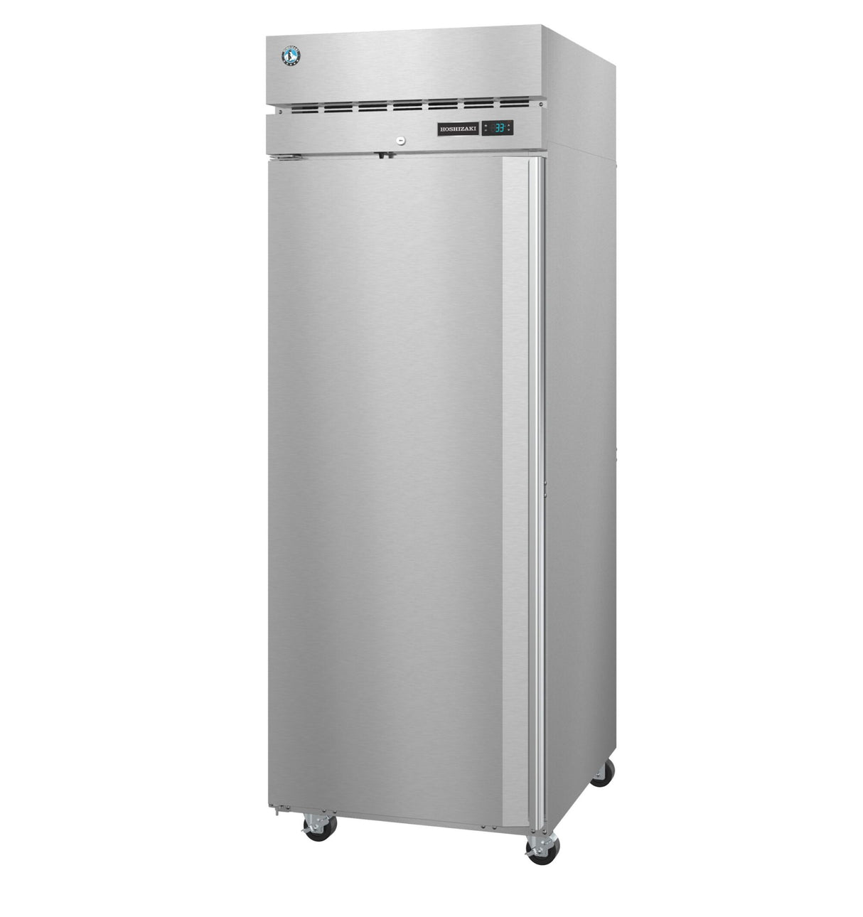 A tall, stainless steel Steelheart Series reach-in refrigerator stands on four caster wheels. It features a single solid door with a vertical handle, a vent and digital display panel at the top, and an ENERGY STAR rating ideal for professional kitchens.