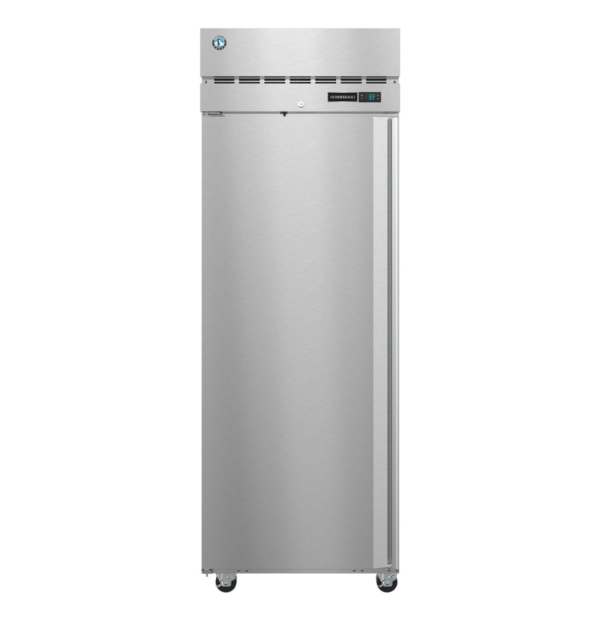 A tall, single-door Steelheart Series Refrigerator on wheels, this ENERGY STAR reach-in refrigerator features a digital display near the top right, ventilation slots above the door, and a minimalist, industrial stainless steel design.