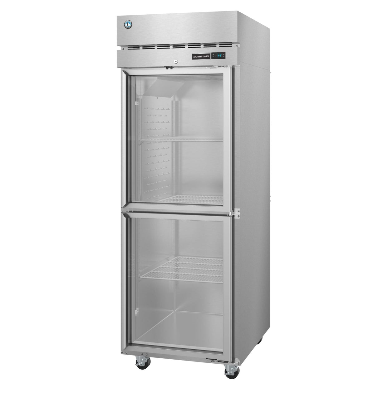 A tall Steelheart Series Refrigerator stands on four wheels. This stainless steel reach-in refrigerator features two glass doors—one above the other—revealing wire shelves, an electronic control panel above the top door, and sleek ventilation grilles.