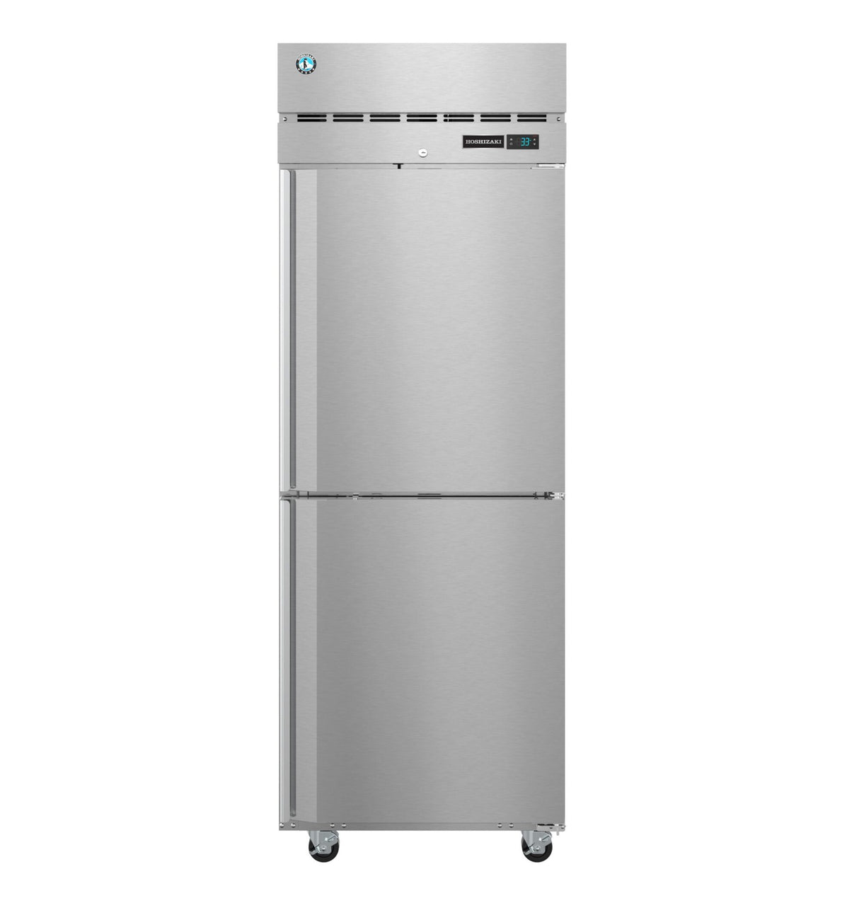 A Steelheart Series reach-in refrigerator stands upright on four wheels, featuring two vertical doors with handles and a digital control panel near the top. The smooth, metallic stainless steel surface is ideal for industrial or professional kitchen use.