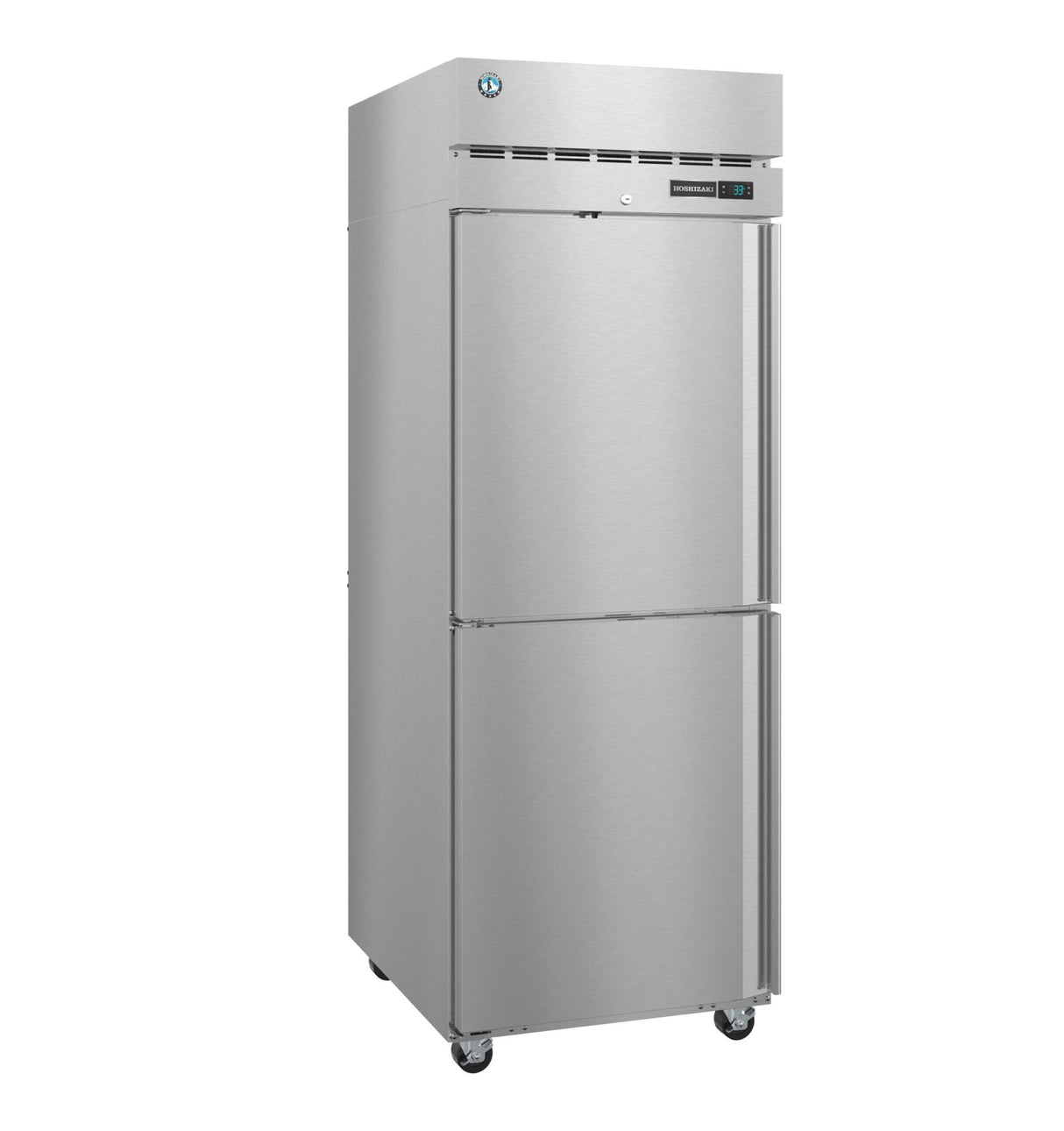 A modern, industrial Steelheart Series reach-in refrigerator featuring two vertical doors, an electronic control panel on the upper right, vent above the doors, and four caster wheels at the base. This ENERGY STAR refrigerator offers both style and efficiency.