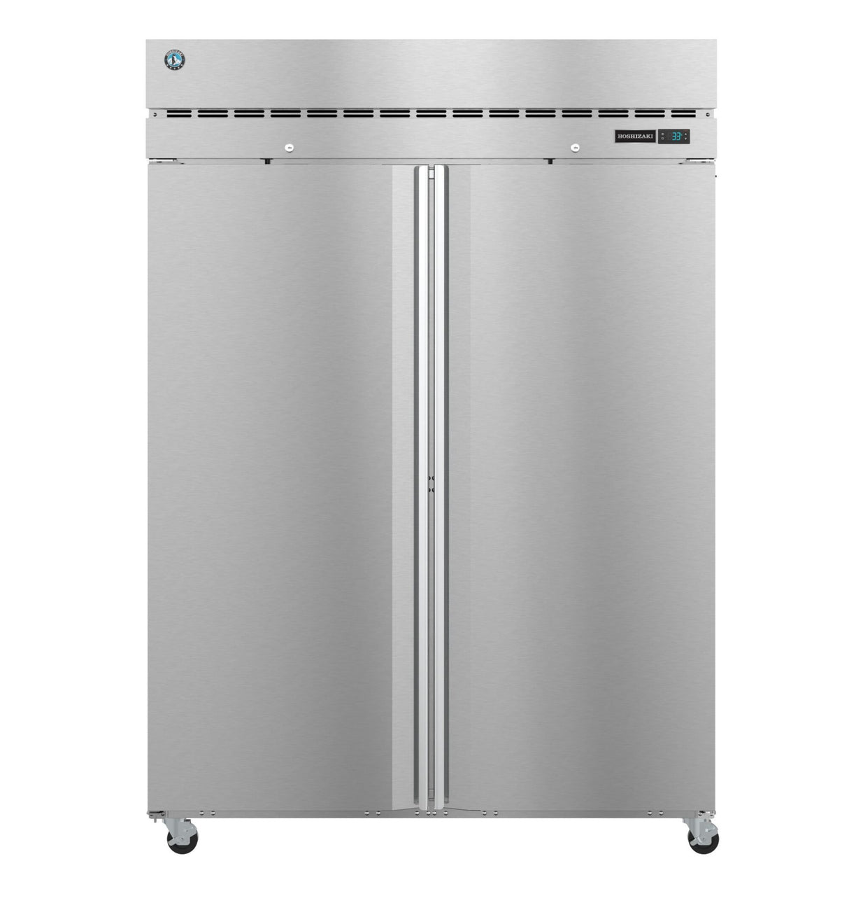 A large, commercial Hoshizaki Steelheart Series reach-in refrigerator with two vertical doors, a small digital display on the upper right, and ventilation slots along the top. It stands on four caster wheels for mobility and has a plain, industrial exterior.