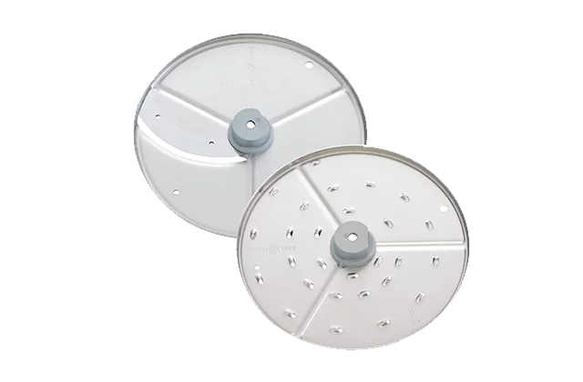 Two round metal food processor discs with gray plastic centers, compatible with the Robot Coupe R301 Dice Food Processor. One is smooth for slicing, the other perforated for shredding—perfect accessories for your combination food processor.