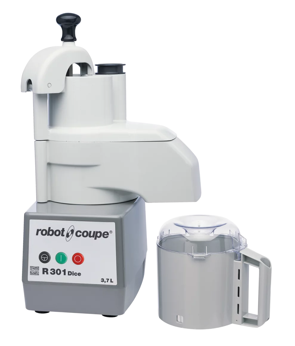 A commercial Robot Coupe R301 Dice Food Processor in gray and white, featuring control buttons and a handle. Next to it is a detachable clear and gray plastic container with a handle and lid for versatile food preparation tasks.