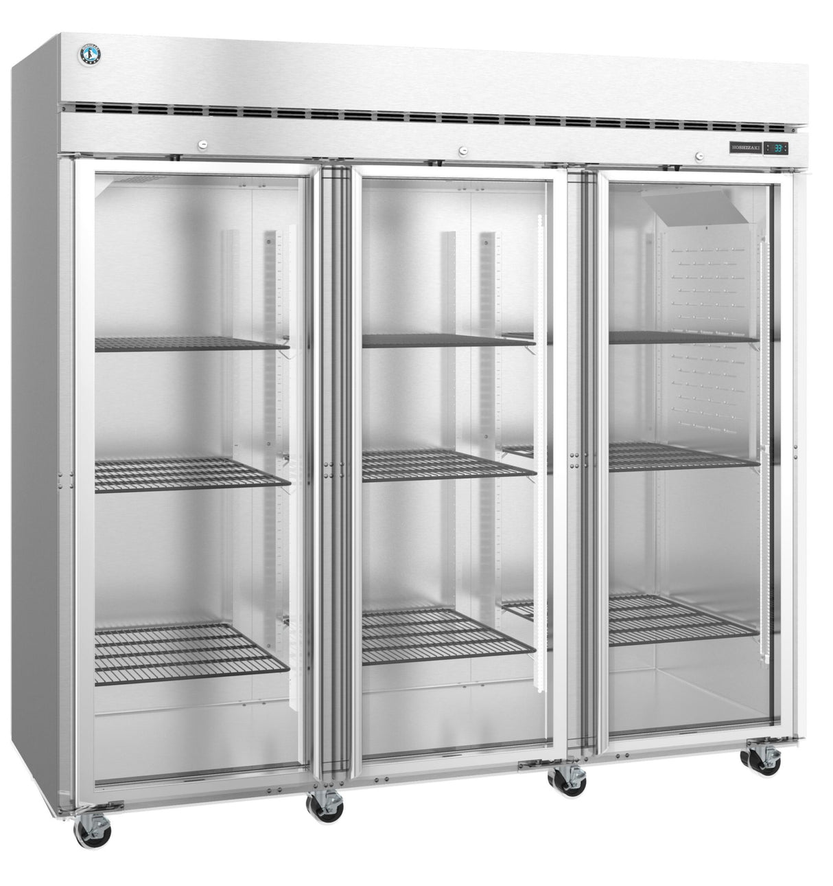 A large Steelheart Series Refrigerator with three tall glass doors, each revealing multiple adjustable wire shelves inside. This reach-in refrigerator stands on wheels for mobility and has a digital control panel on the top right corner.