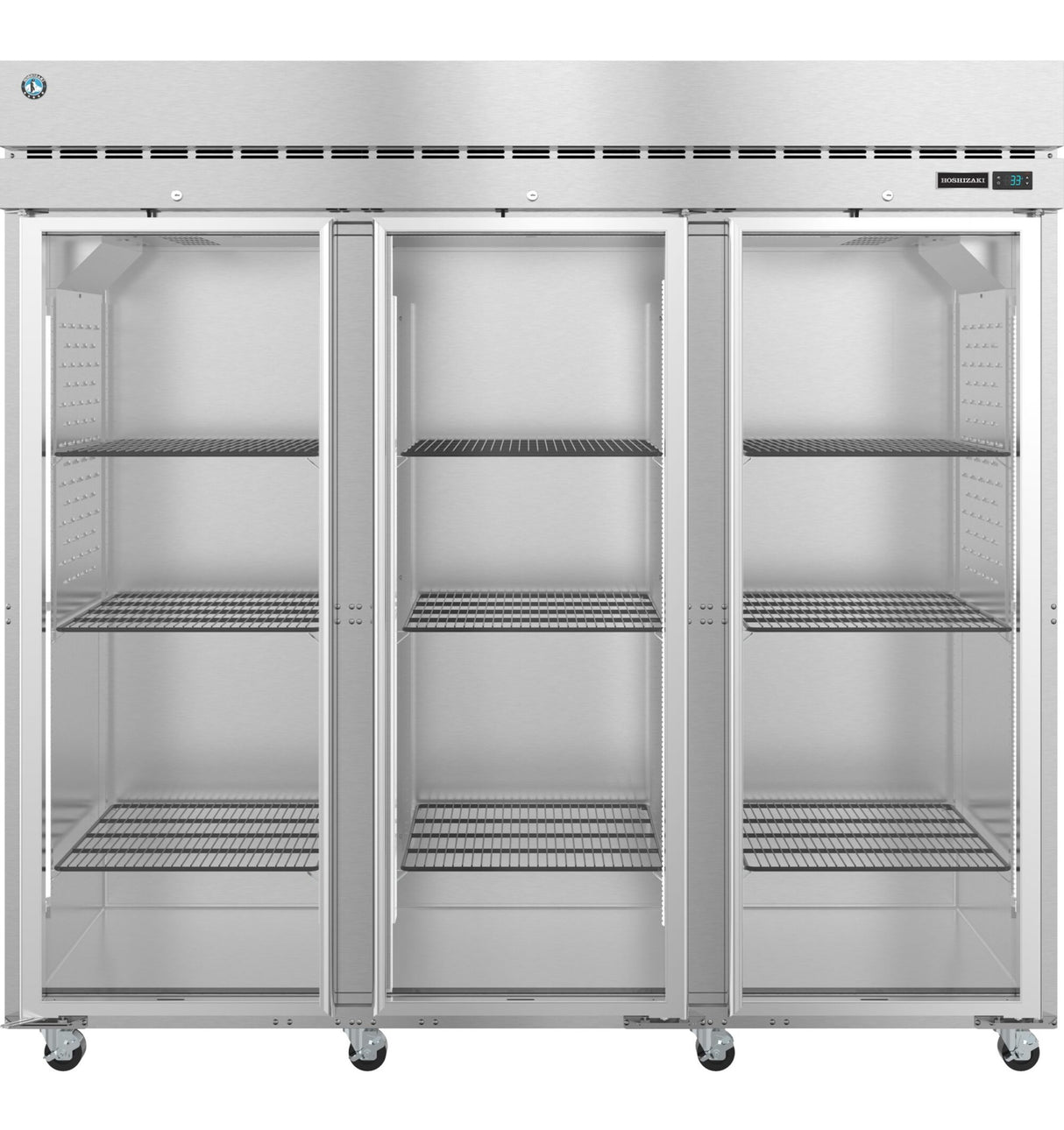 A large, commercial stainless steel refrigerator with three glass doors. Each section of this reach-in refrigerator has adjustable wire shelves and is empty. The unit stands on wheels, with a digital control panel on the upper right corner.