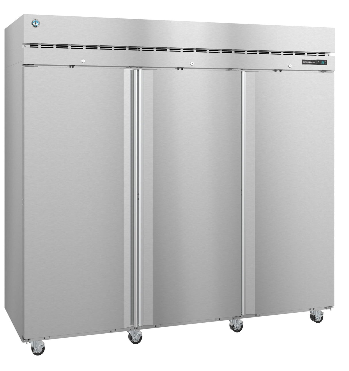A large, industrial Steelheart Series commercial refrigerator on wheels. This reach-in refrigerator features a digital display and vent at the top, with smooth, handle-free doors, ideal for restaurant or food service environments.