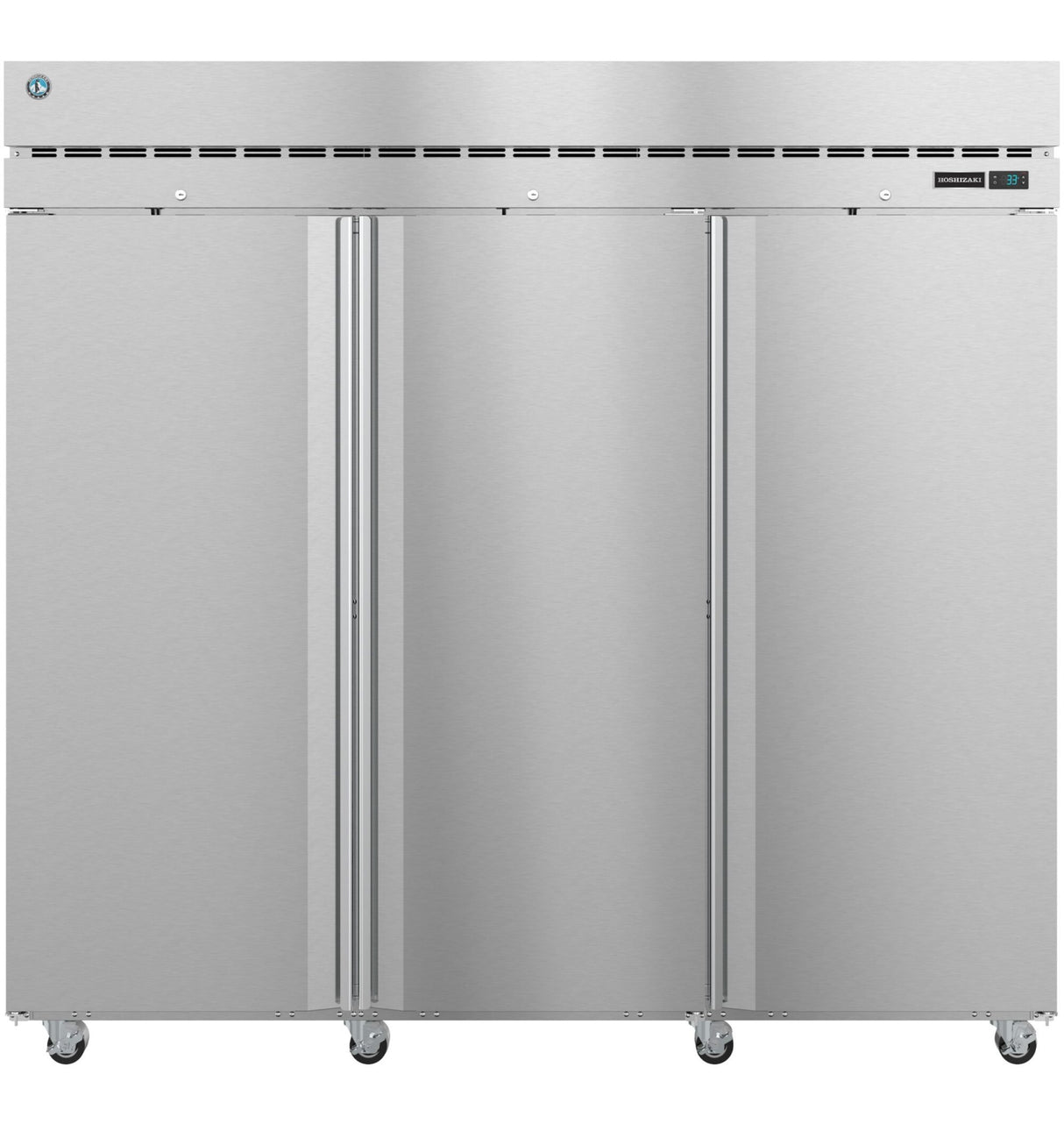 A large Steelheart Series reach-in refrigerator with three vertical doors and a top-mounted digital temperature display, standing on six caster wheels against a plain white background.