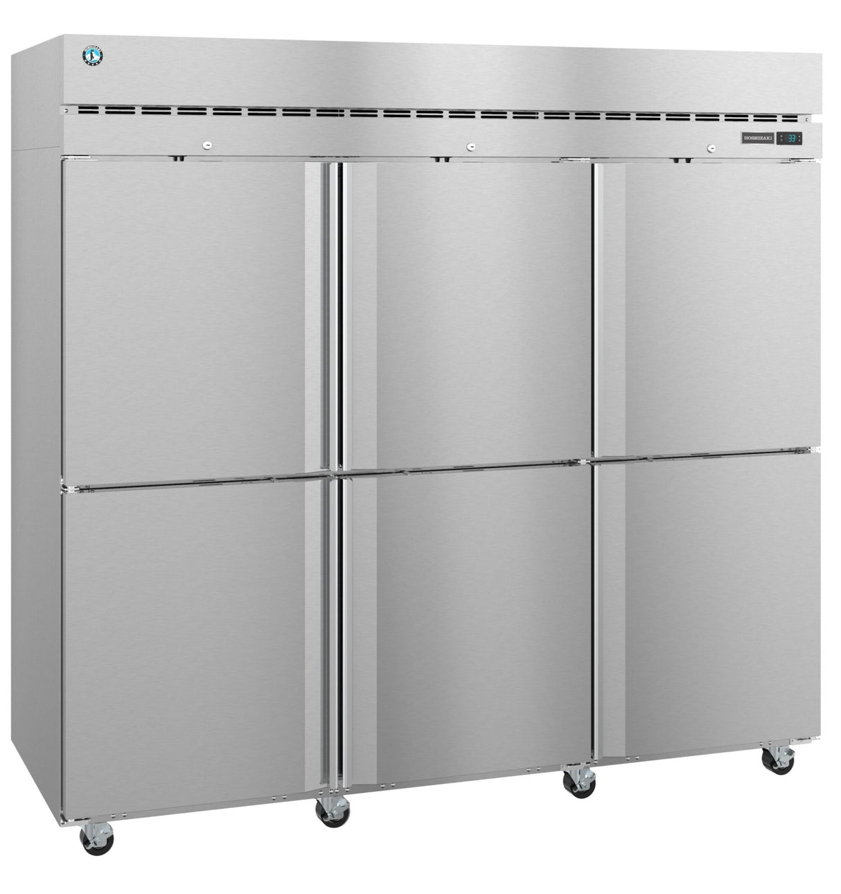 A large Steelheart Series reach-in refrigerator made of industrial stainless steel, featuring six vertical doors with straight handles. It stands on caster wheels and has a vented top panel and a digital temperature display on the upper right.