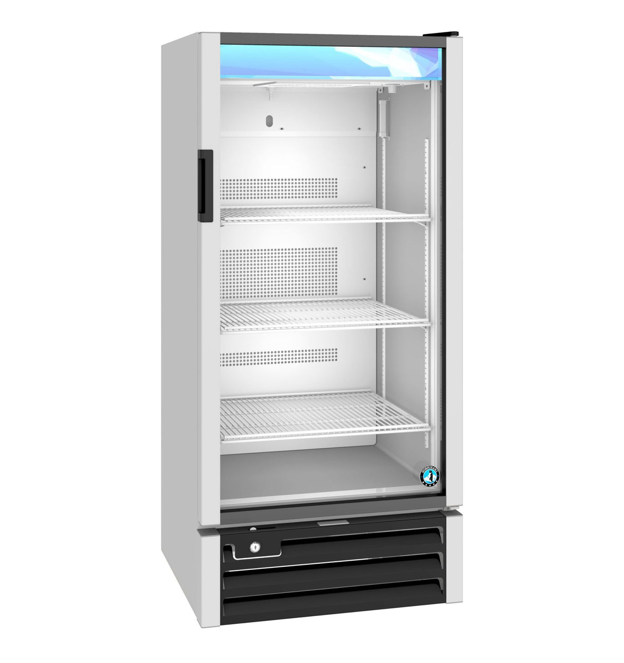 A commercial reach-in cooler with a glass door is shown. It has a black handle, three adjustable wire shelves inside, interior lighting at the top, and ventilation grilles at the bottom. The fridge is empty and primarily white with black and blue accents.