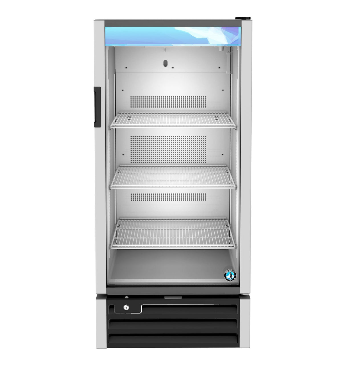 A front view of an empty glass door refrigerator, also known as a refrigerated merchandiser, with three metal shelves, a light at the top, silver body, black base, and a blue accent on the top panel.