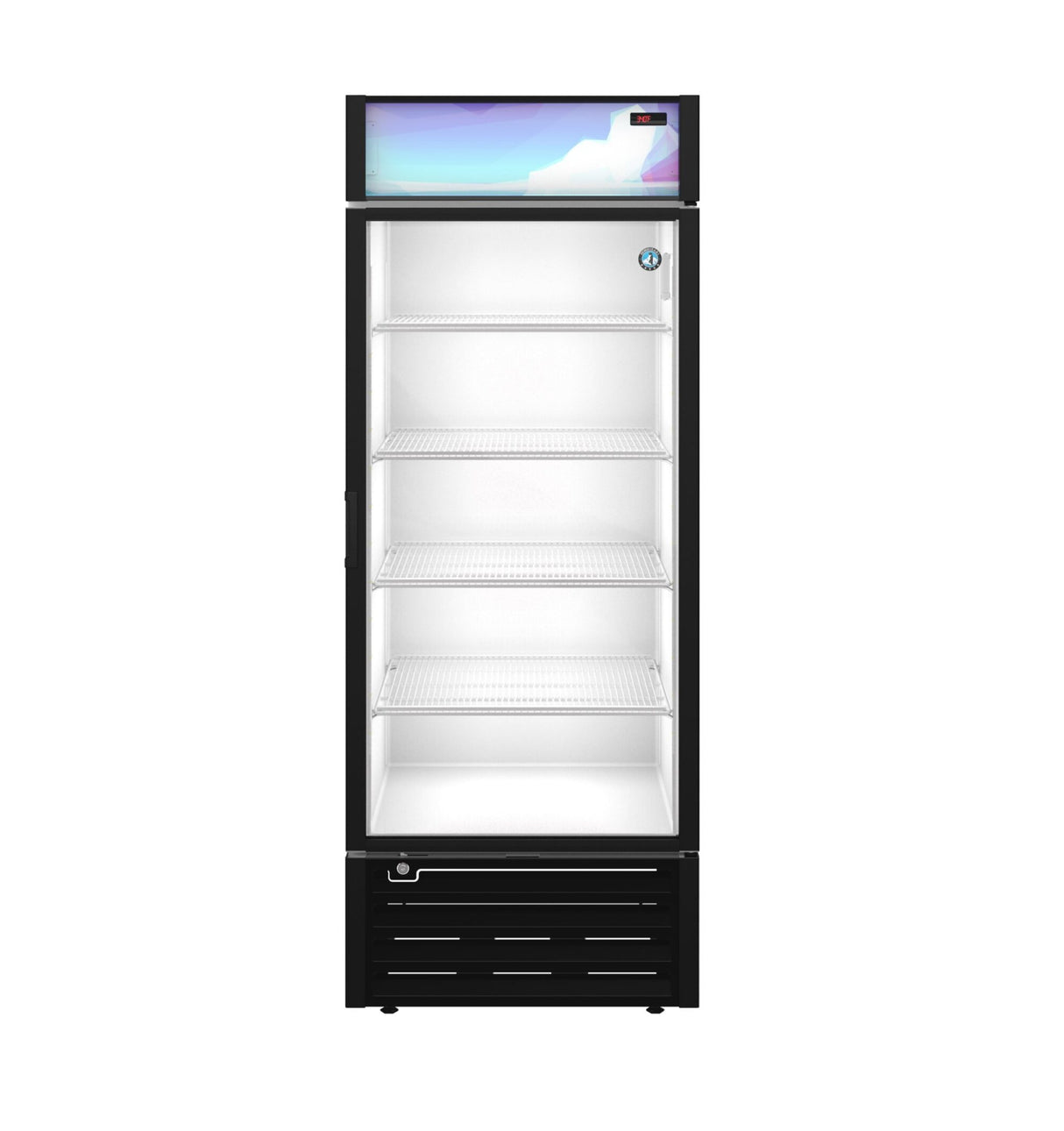 A tall, upright Refrigerated merchandiser with a glass front door displays four empty white shelves. The fridge features a black exterior frame, vented panel below, blank lighted sign above, and a well-lit, clean interior.