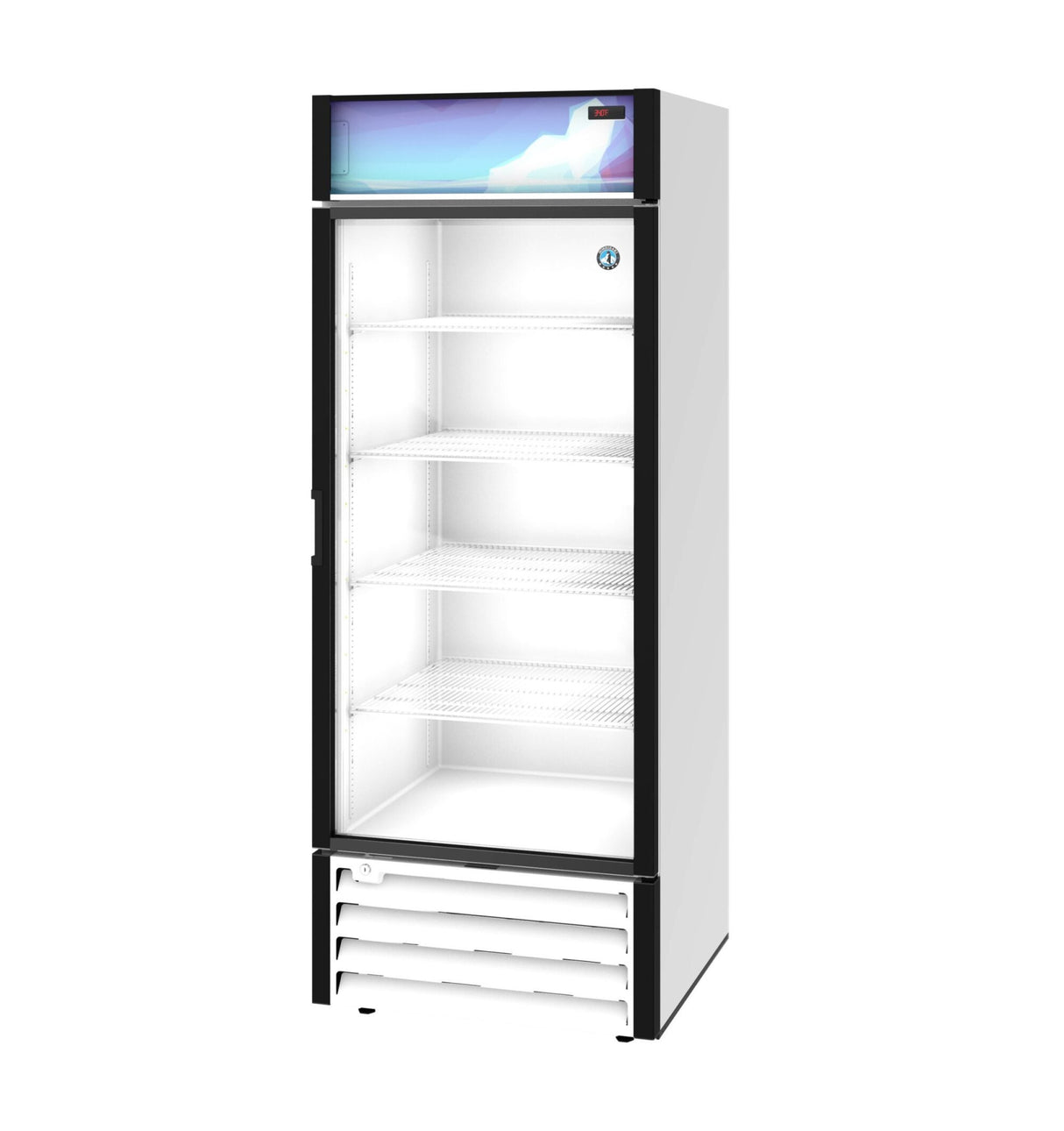 A tall, upright refrigerated merchandiser with a glass door, white sides, and black trim. This reach-in cooler features four empty wire shelves, a vented bottom panel, and a blue-purple gradient top panel ideal for branding or signage.