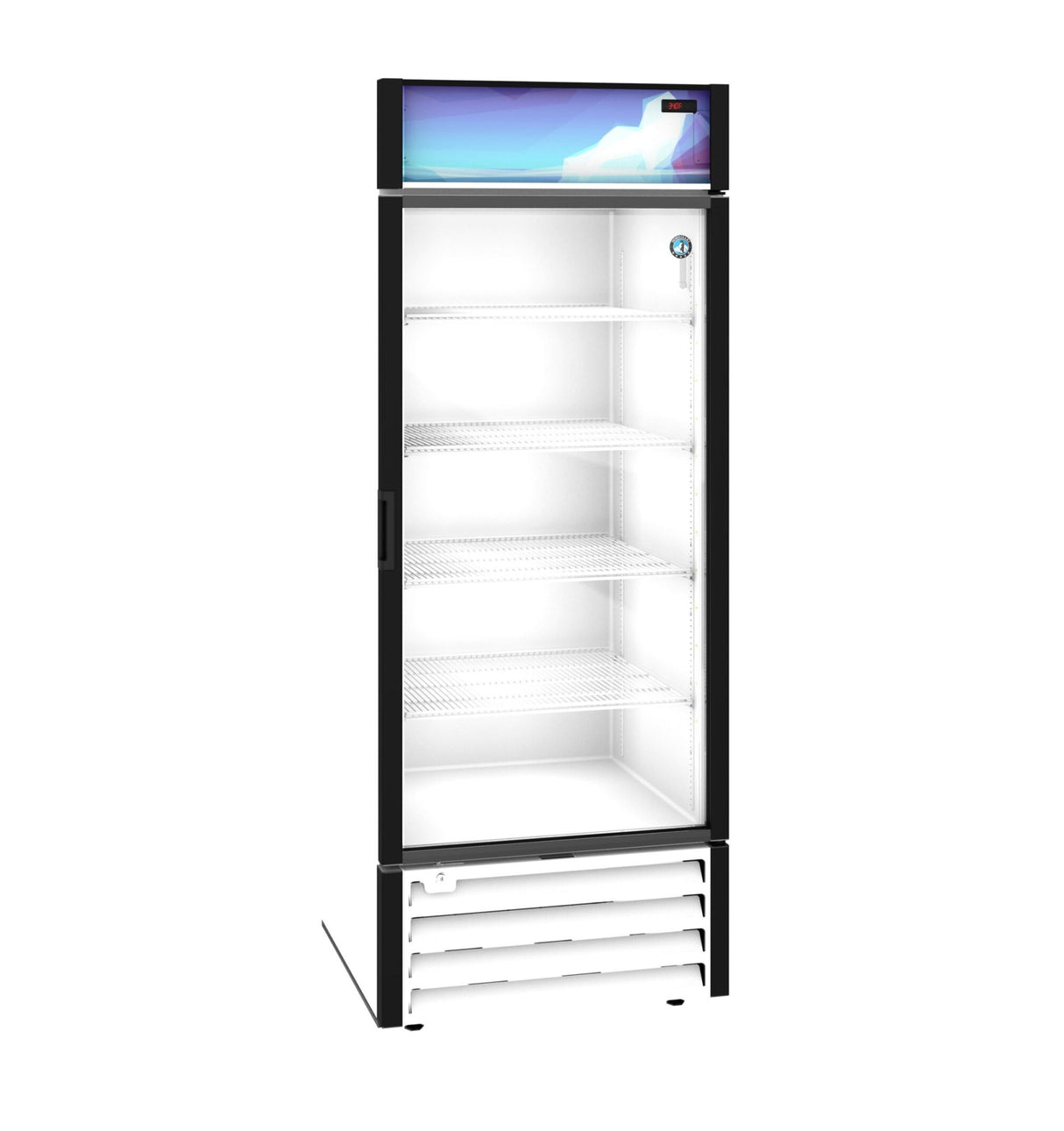 A tall, upright reach-in cooler with a black frame and white interior. This refrigerated merchandiser features four empty wire shelves, a lit advertising panel with a blue and white graphic, and visible bottom vents.