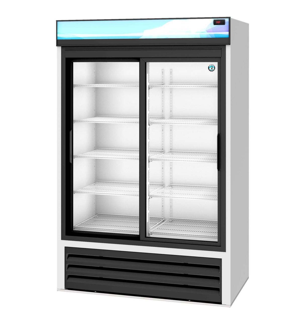 A large refrigerated merchandiser with two sliding glass doors, white sides, and multiple empty shelves. The reach-in unit features a black vent at the bottom, a blue and white illuminated sign panel on top, and a brightly lit interior.