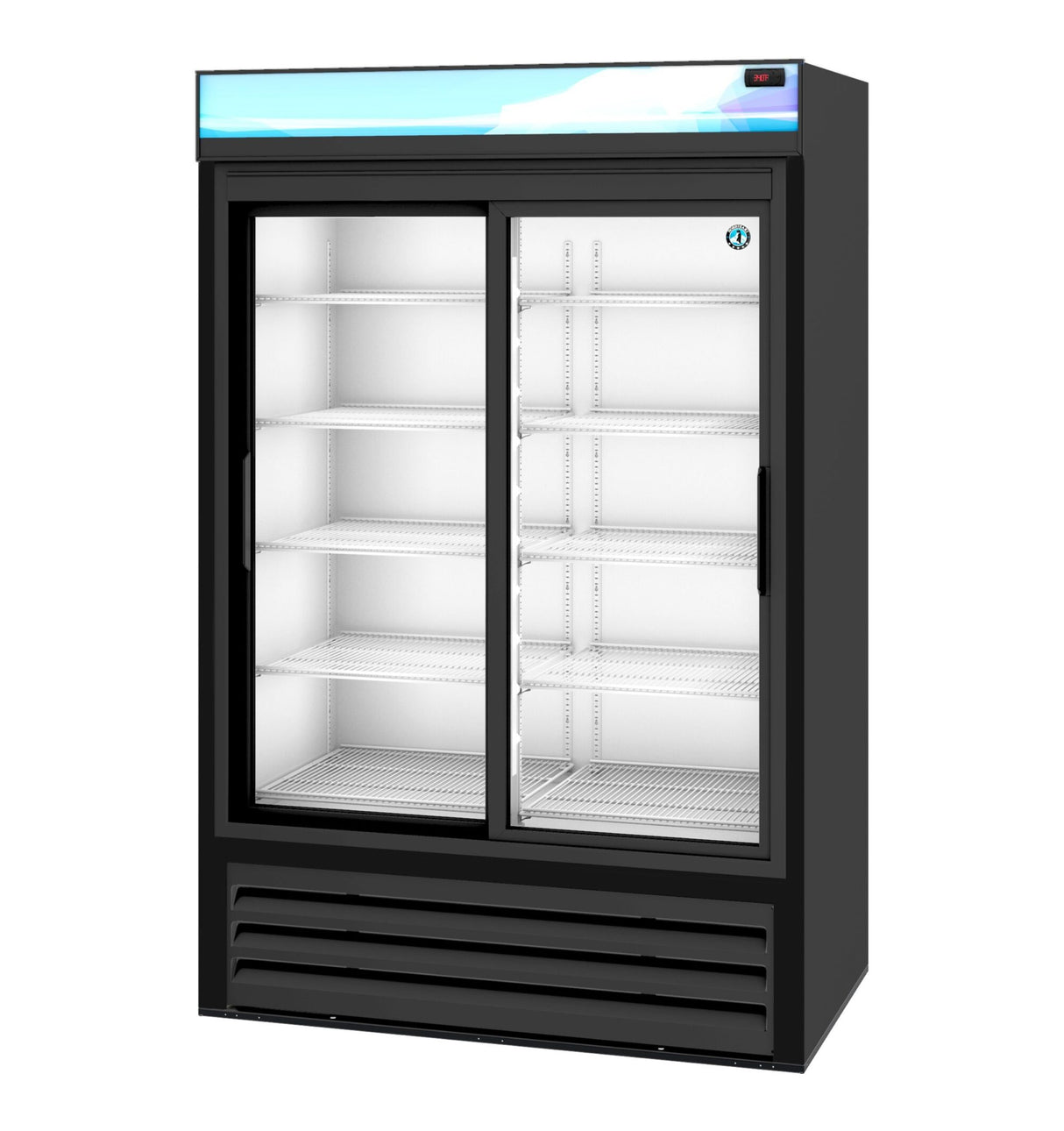 A commercial black refrigerated merchandiser with sliding glass doors, several white wire shelves, LED interior lighting, a vented base, digital display on the top right, and a blank blue-lit sign panel above. The fridge is empty.