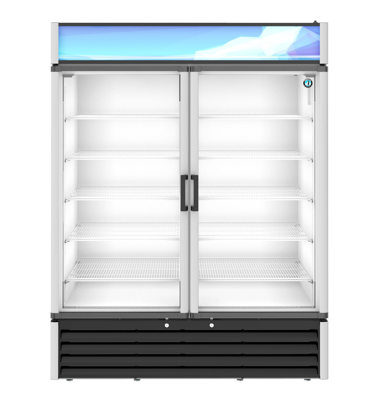 A commercial refrigerated merchandiser with double glass hinged doors and white adjustable shelves. The fridge is empty, featuring bright interior lighting, a blue-tinted sign panel at the top, and black ventilation grilles at the bottom.