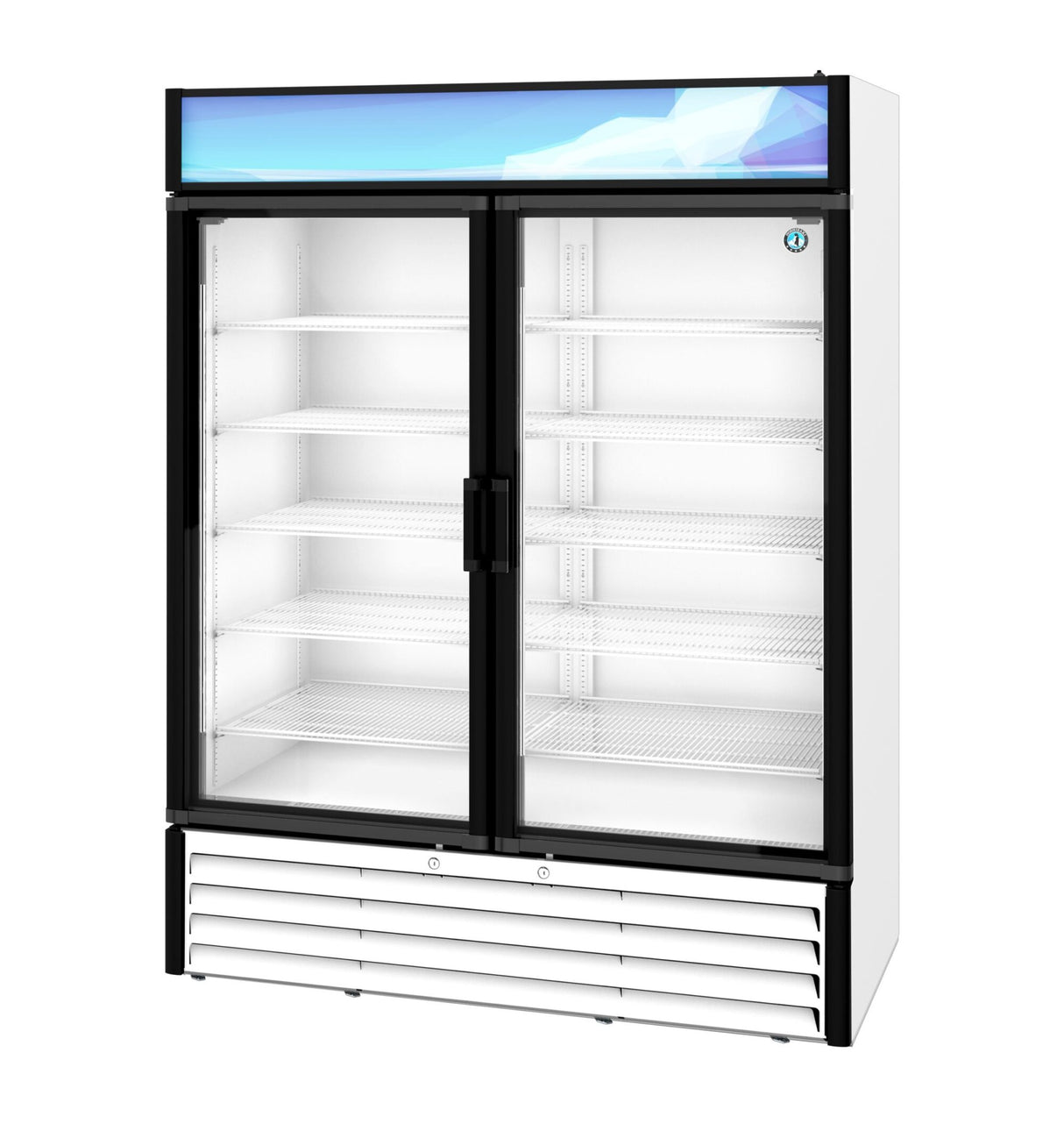 A Hoshizaki refrigerated merchandiser with two clear glass sliding doors, multiple empty white shelves inside, and a white exterior. The top panel displays a blue geometric design, while the louvered vent marks this spotless reach-in cooler as unstocked.