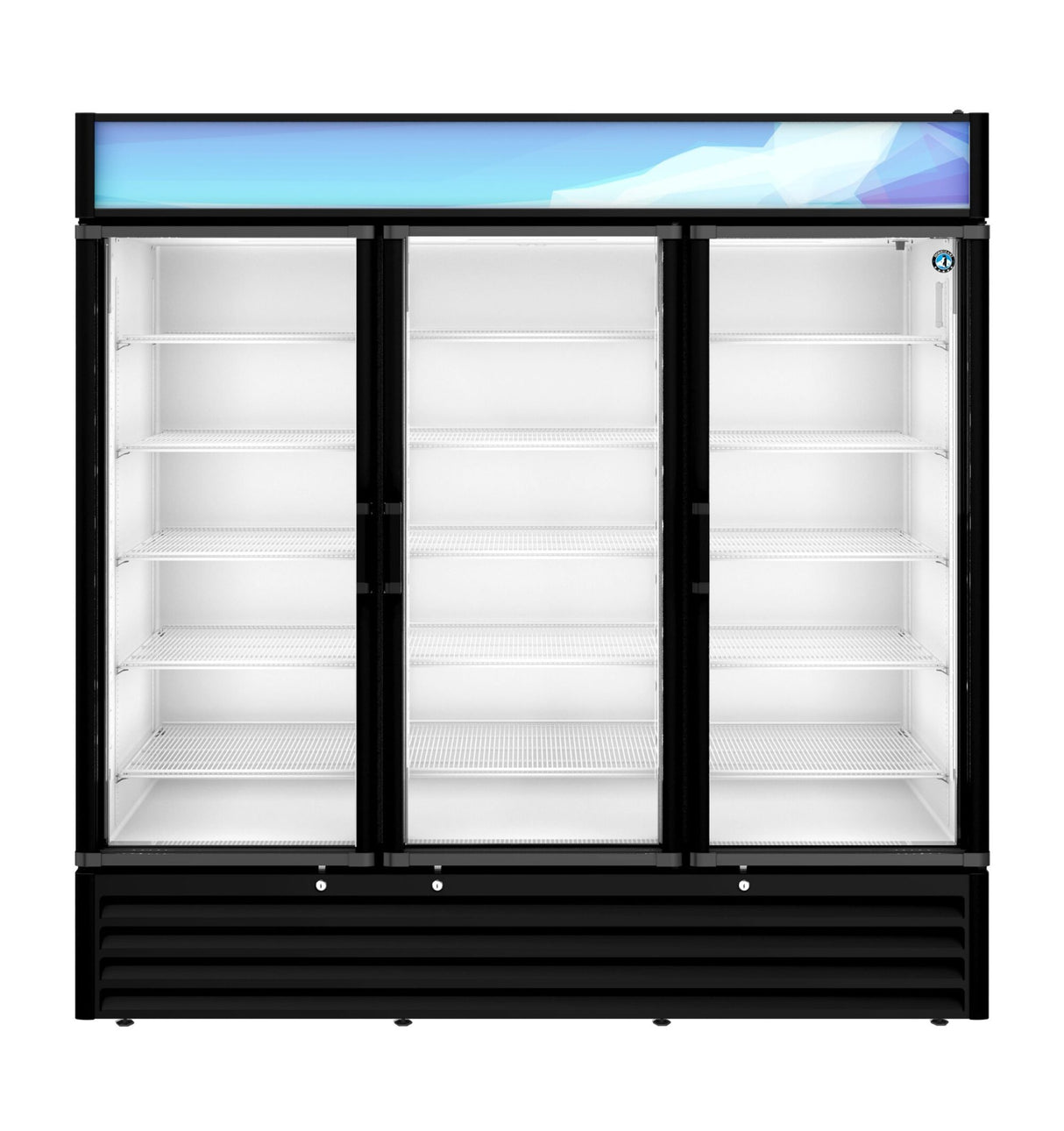 A large reach-in three-section refrigerated merchandiser with a black frame and glass doors. Each section features empty white wire shelves, a bright interior, and a light blue illuminated sign panel at the top. Clean and commercial in appearance.
