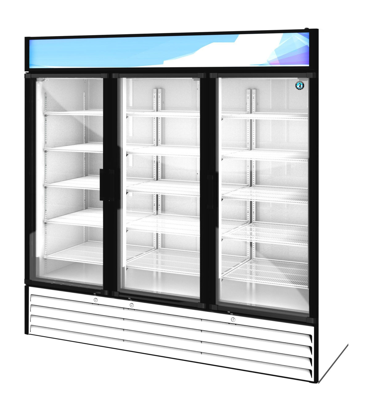A reach-in commercial glass-door refrigerator with three sections features clear doors, multiple empty white shelves, a sleek black frame, and a blank blue sign area on top. The bottom includes a white vent panel for this refrigerated merchandiser.