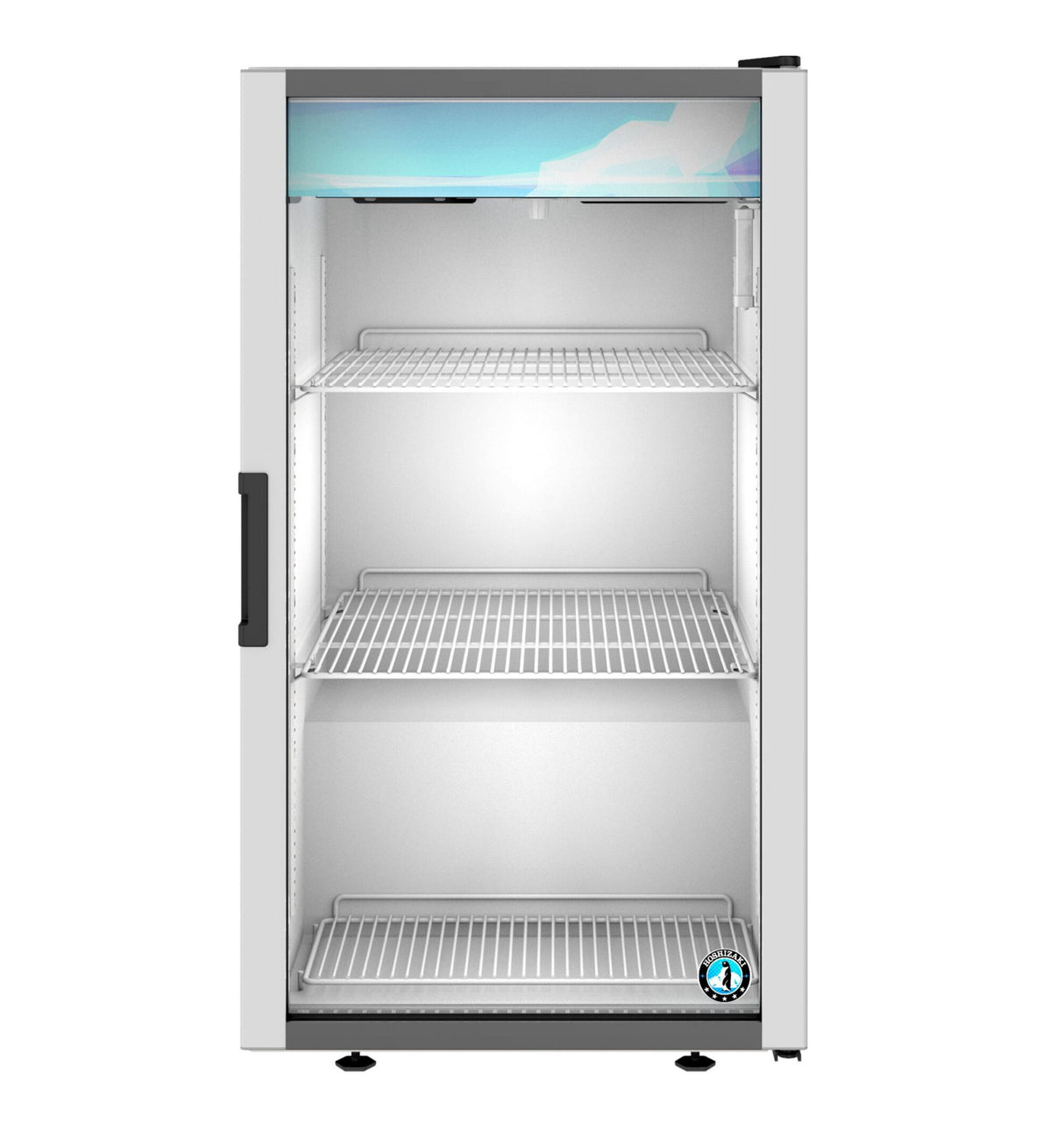 A Hoshizaki refrigerated merchandiser features a glass front door, three empty wire shelves, a white interior, and a blue accent panel at the top. The door has a black handle on the left and a small circular logo near the bottom right corner.