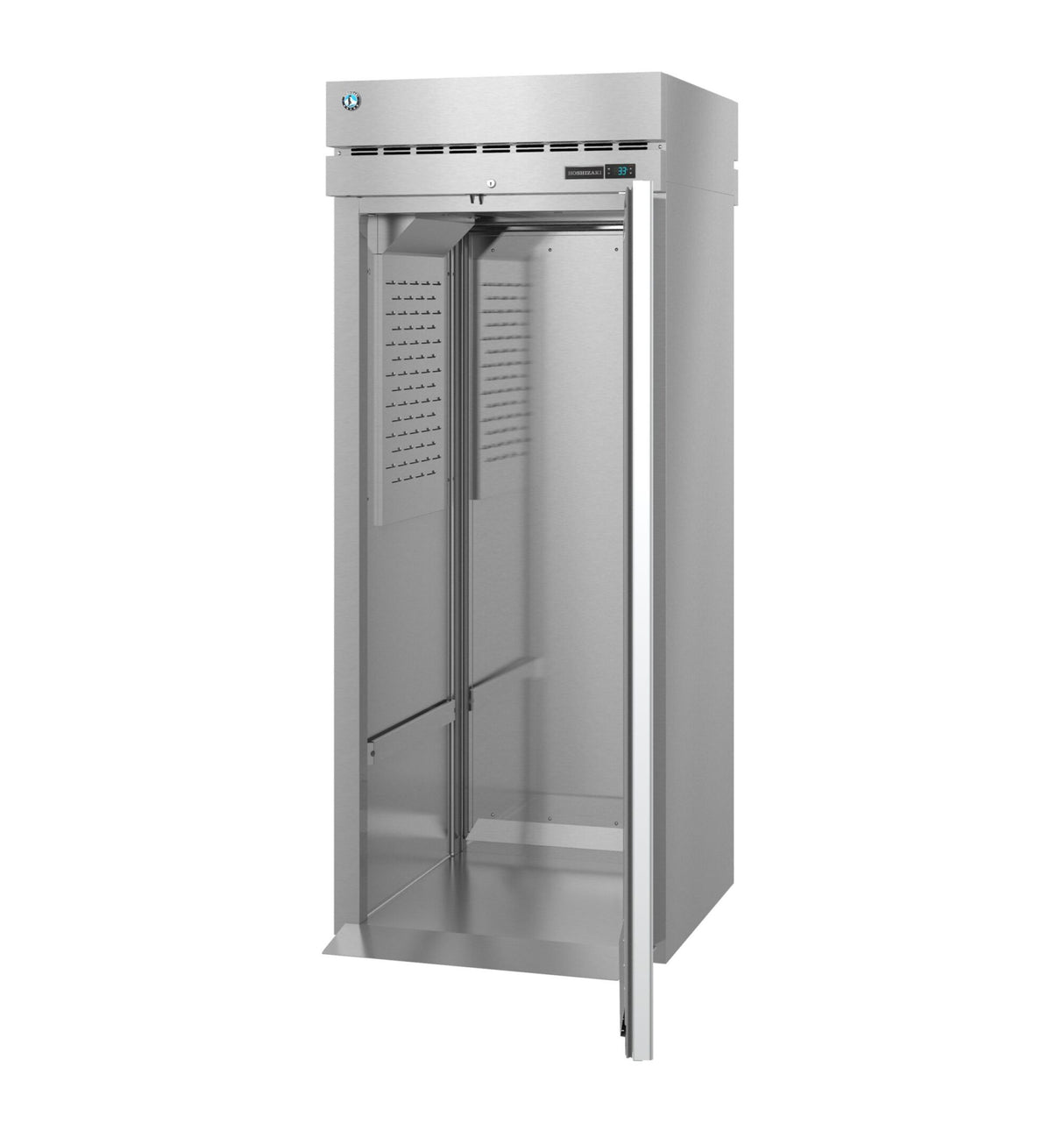 A silver metal cabinet with a door open, resembling a sleek stainless steel refrigerator from the Steelheart Series.