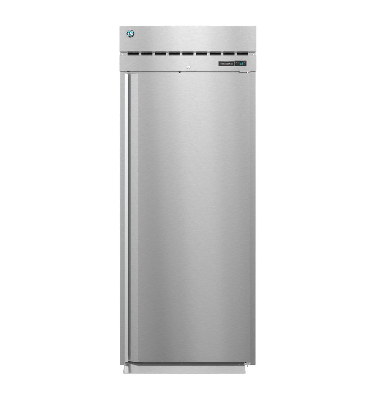 A tall, stainless steel refrigerator from the Steelheart Series with a single solid door, vertical handle on the left, digital temperature display, air vents at the top, and a blue circular logo sits on a plain white background.