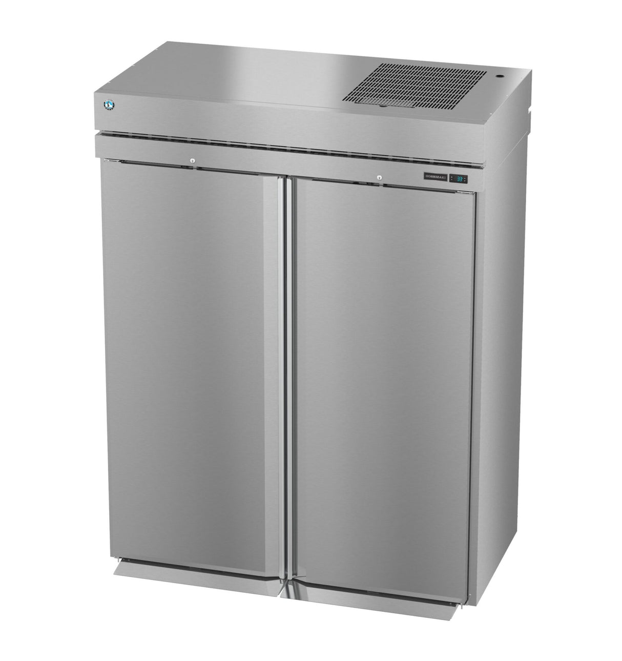 A commercial refrigerator from the Steelheart Series, this stainless steel double-door unit with a top-mounted vent and control panel features a sleek, industrial design—perfect for any restaurant or professional kitchen.