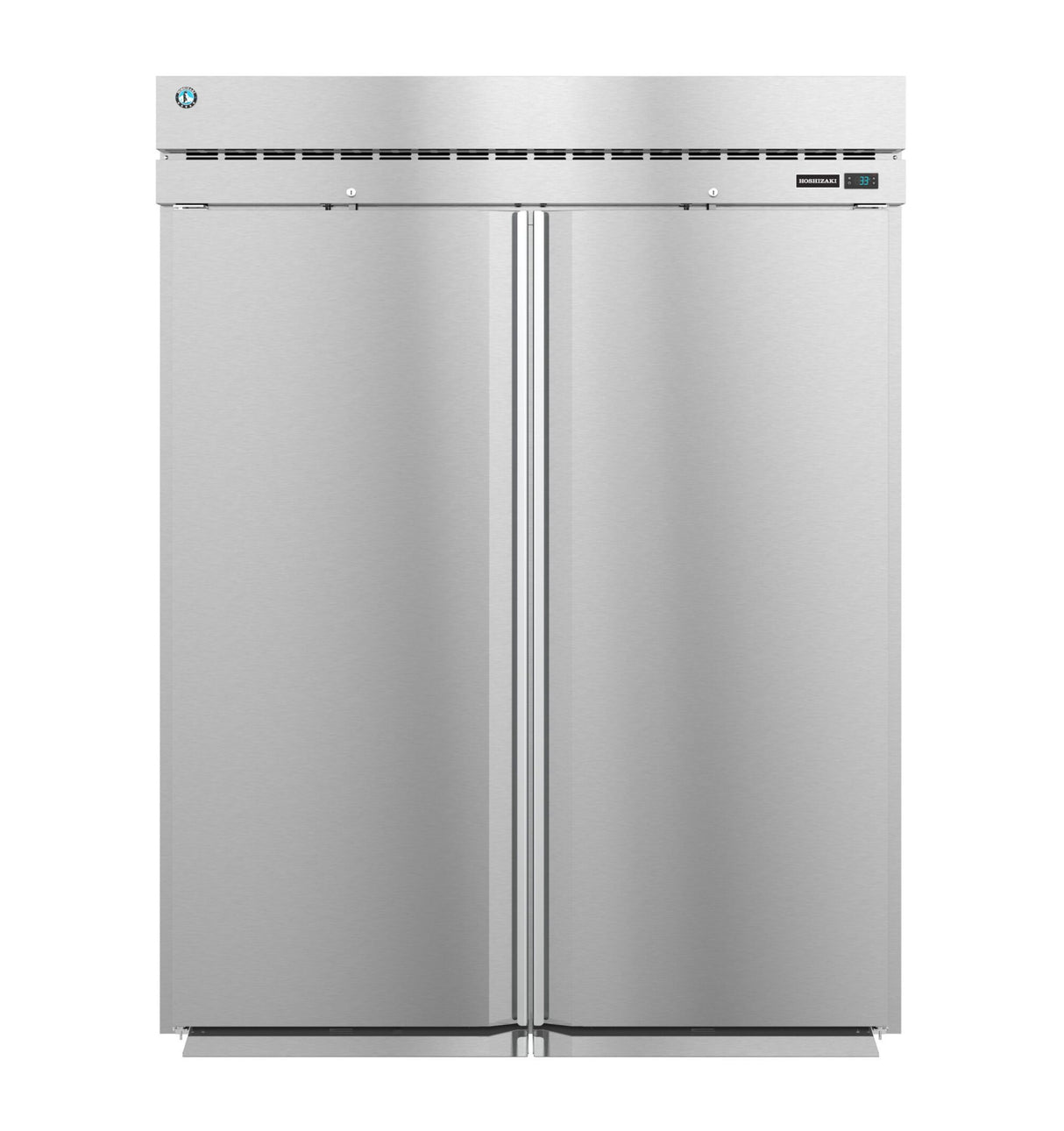 A large Steelheart Series Refrigerator, this stainless steel commercial refrigerator features two vertical doors, a top-mounted vent, and a small digital display panel. Its smooth, reflective surface gives it a sleek, modern industrial look.