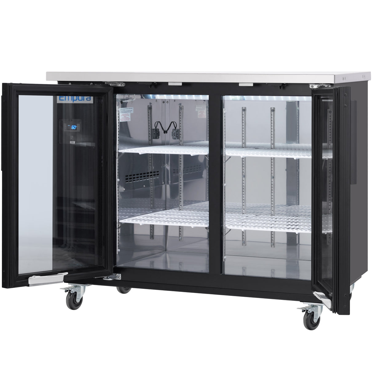 This Empura refrigeration unit is a commercial glass door bar refrigerator with two open glass doors, three adjustable wire shelves, four caster wheels, and a control panel above the left door—perfect as a sleek back bar cooler for any venue.