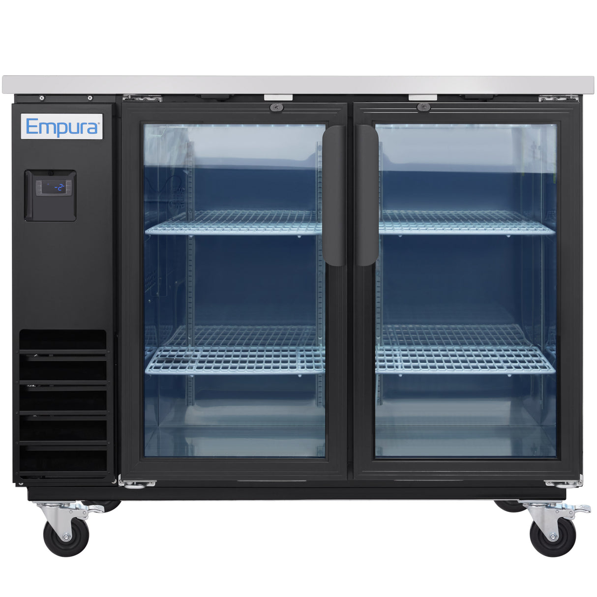 A commercial Empura refrigeration unit with two glass doors, stainless steel top, black frame, interior shelving, and four caster wheels. This glass door bar refrigerator features a left-side vent and digital control panel, and is empty inside.