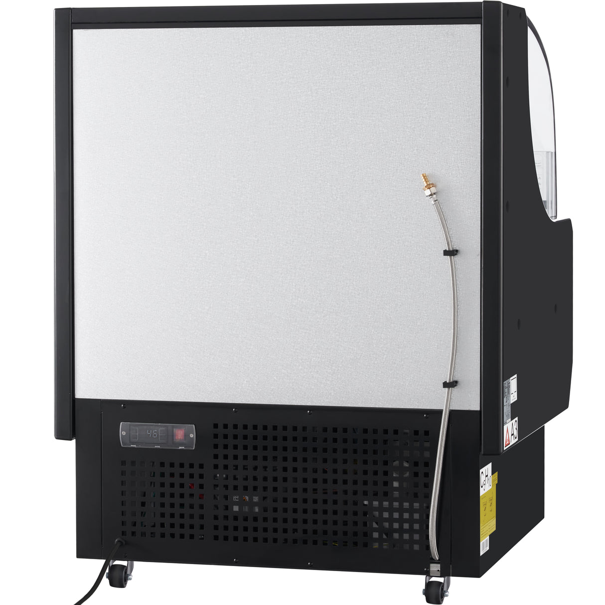 A commercial ice maker machine viewed from the side, featuring a black frame, gray panel, control display, ventilation grill, and a water hose attached to the upper part—a versatile addition to any Empura refrigeration setup. The machine stands on casters for mobility.