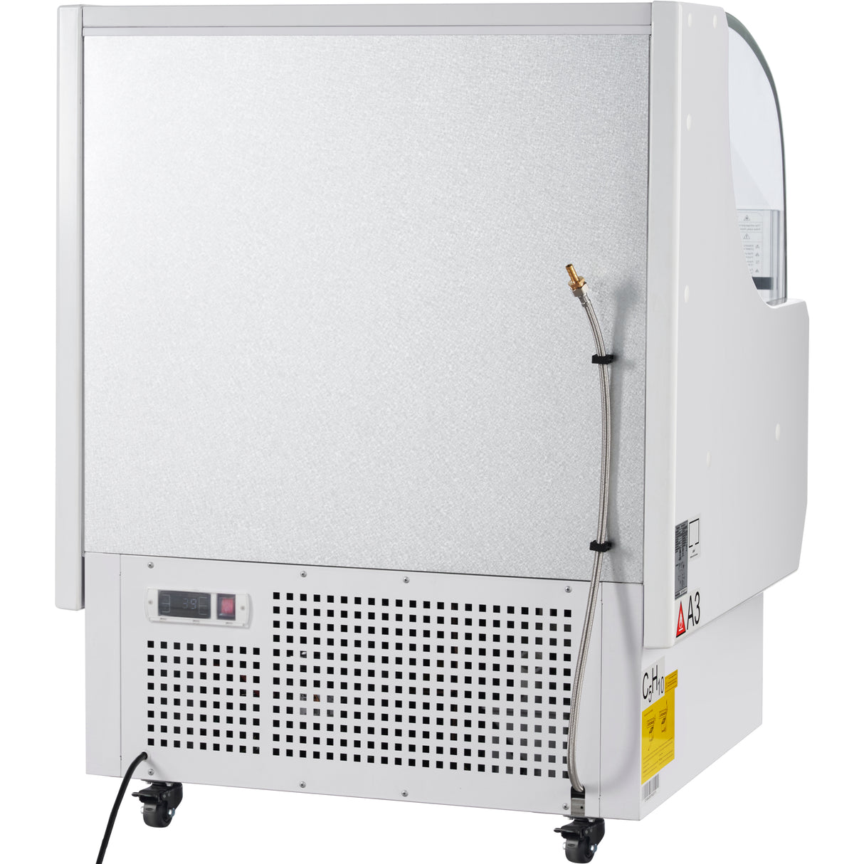 A commercial ice cream or soft serve machine with a metallic side panel, ventilation grilles near the base, and Empura Refrigeration technology. It features a digital display, wheels for mobility, and a visible power cord on a plain white background.