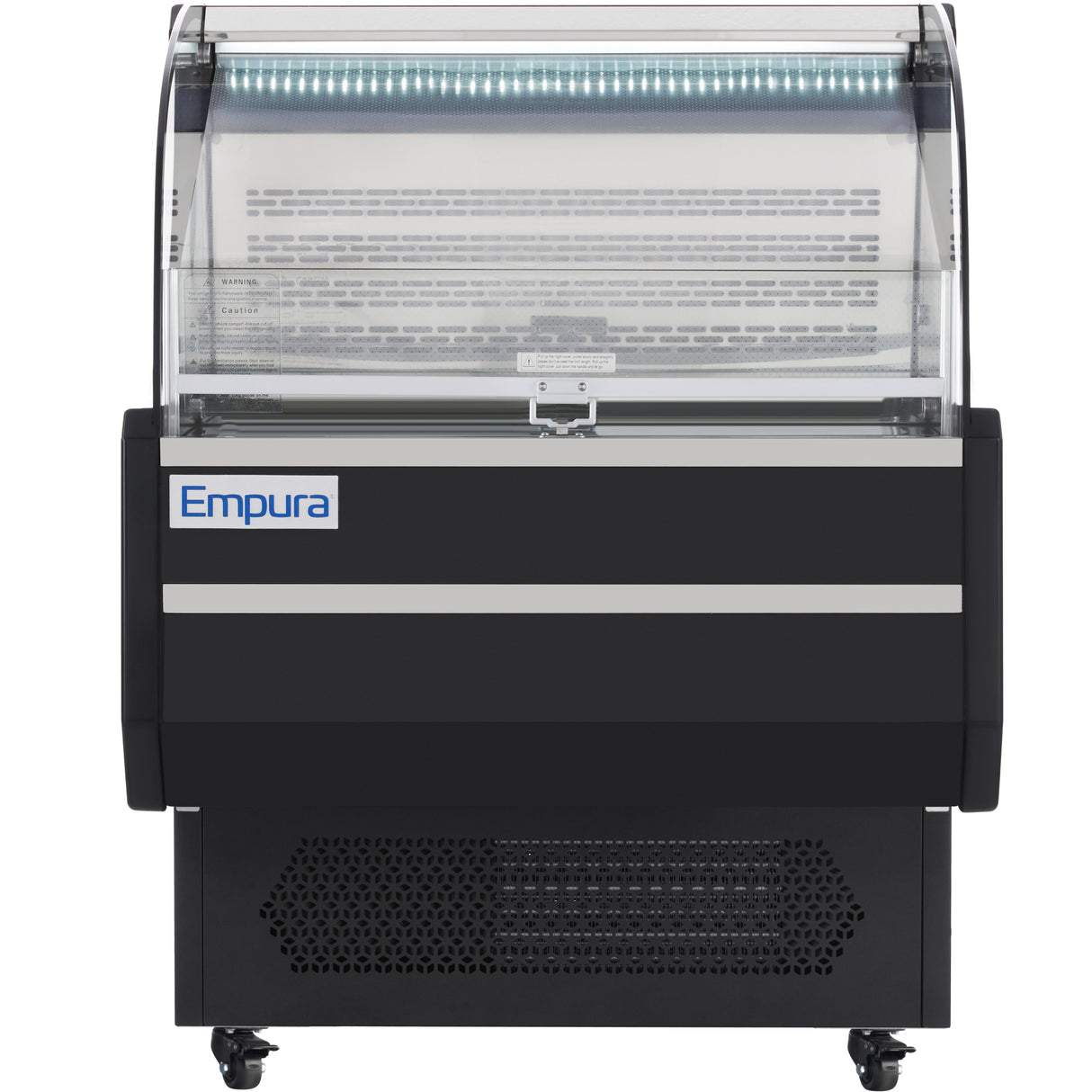 A black and silver Empura refrigeration display case on wheels features a curved glass front, interior lighting, and left-side logo. The refrigerated display case sits empty, with a visible ventilation grate at the bottom front.