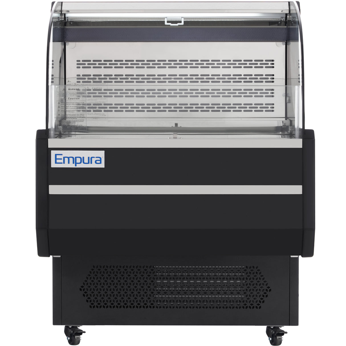 A commercial Empura refrigeration open air merchandiser with a curved transparent glass front, black exterior, silver trim, ventilation grilles at the bottom, and an Empura logo on the left side. The empty case features interior shelving.