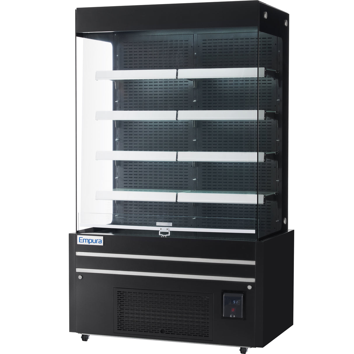A commercial black and glass open-air merchandiser with four white shelves, digital temperature display on the bottom right, vent grilles below, and Empura refrigeration branding. This refrigerated display case is empty and stands alone.