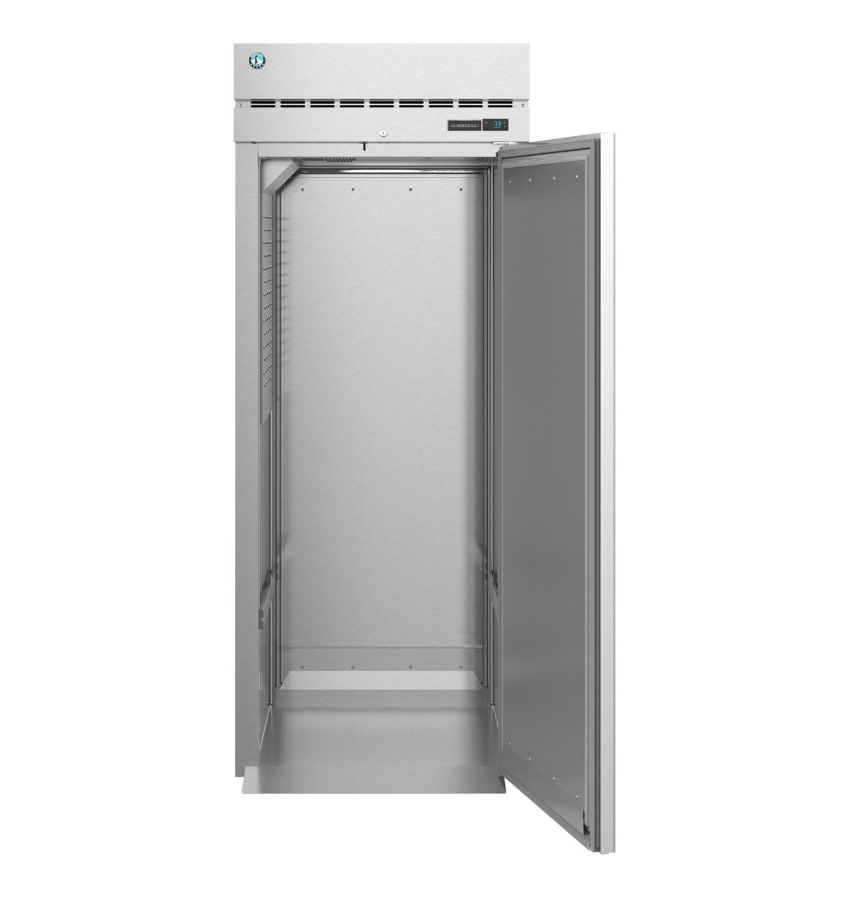 A tall, silver commercial refrigerator with its single door open reveals an empty, stainless steel interior. Vented panel and digital controls top the Steelheart Series Refrigerator, while rail guides line the sides but no shelves are installed.